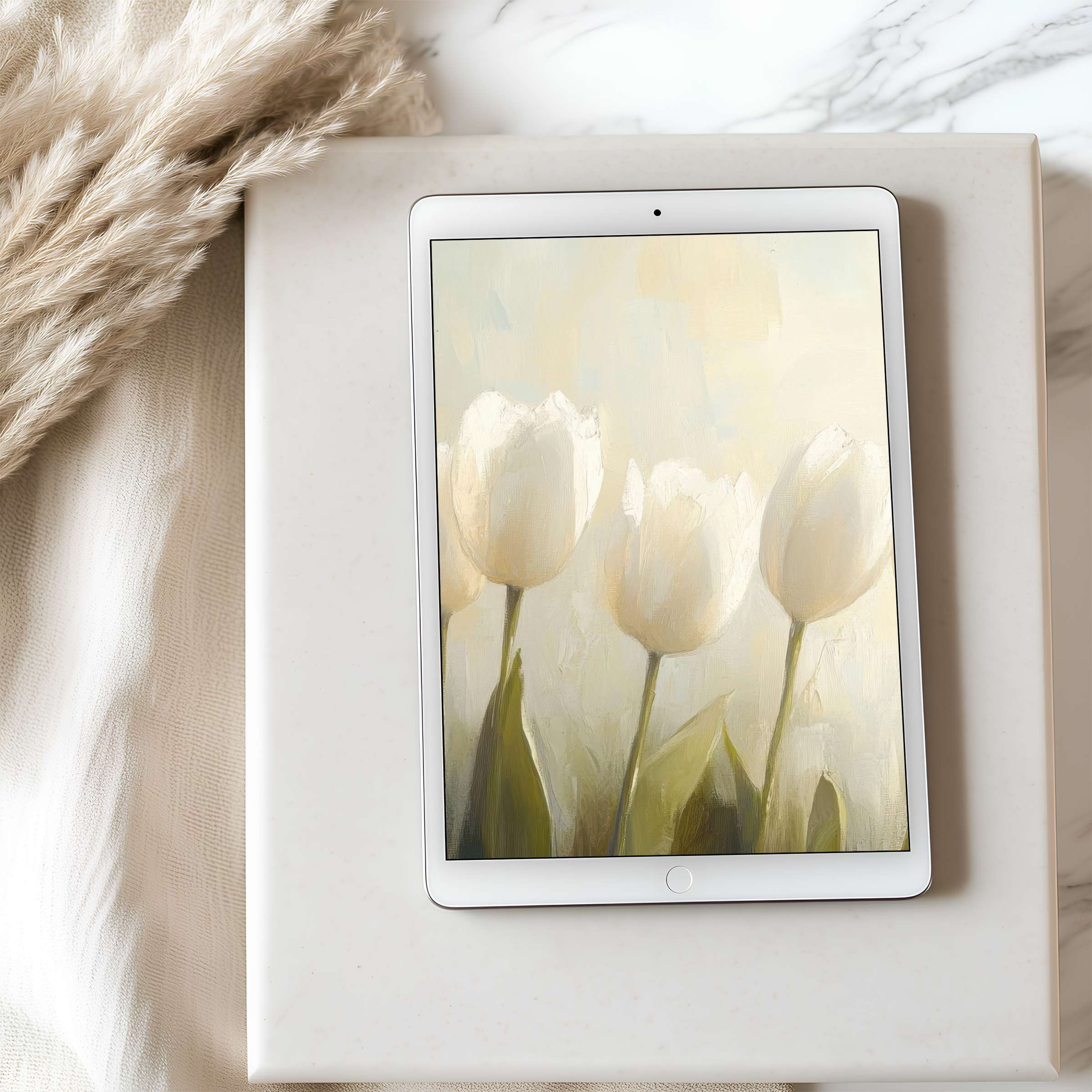 Elegant white tulips painting as tablet wallpaper brings serenity to iPad with high resolution for a calm digital download experience
