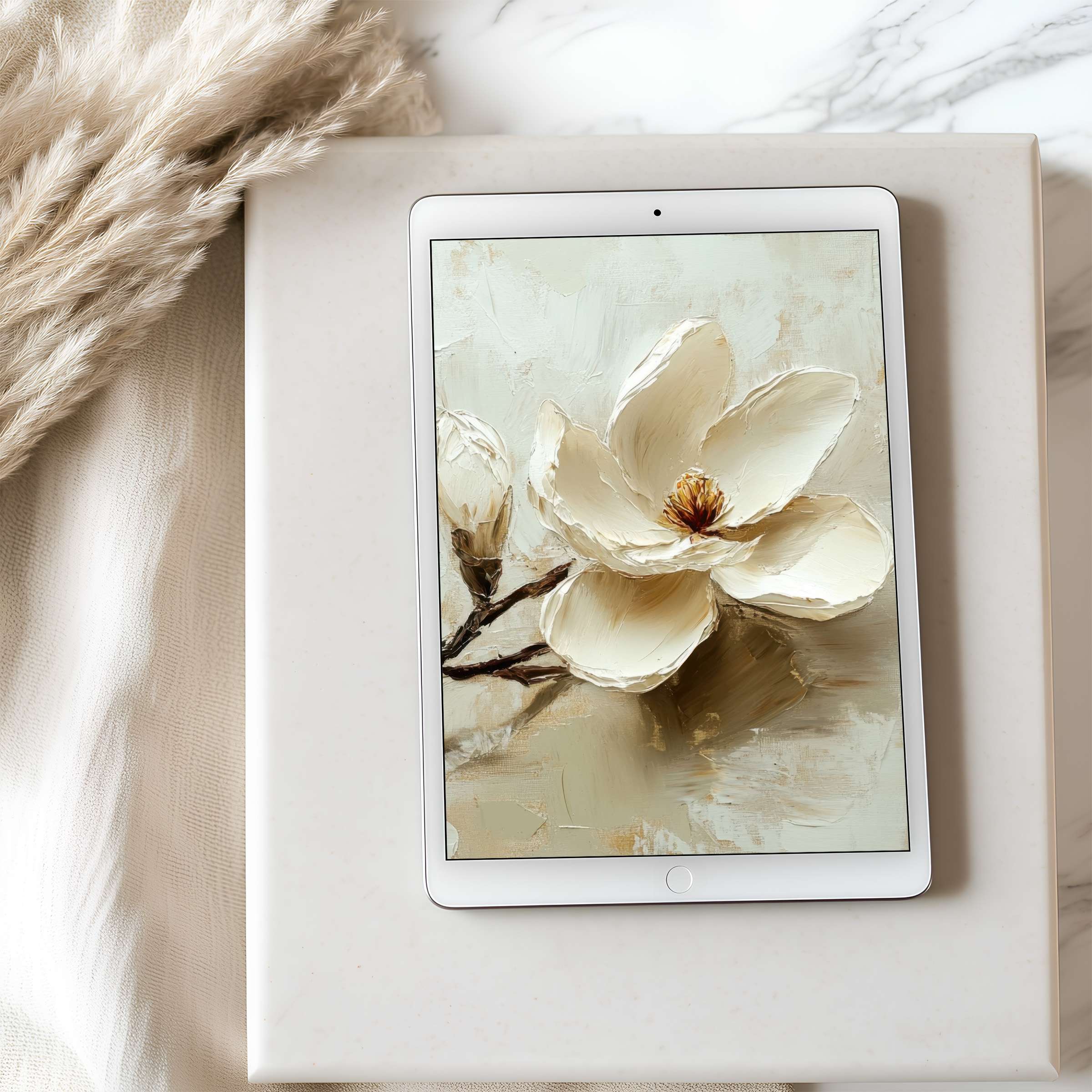 Elegant magnolia tablet wallpaper with delicate brushstrokes, perfect for high resolution iPad displays and Android tablet downloads