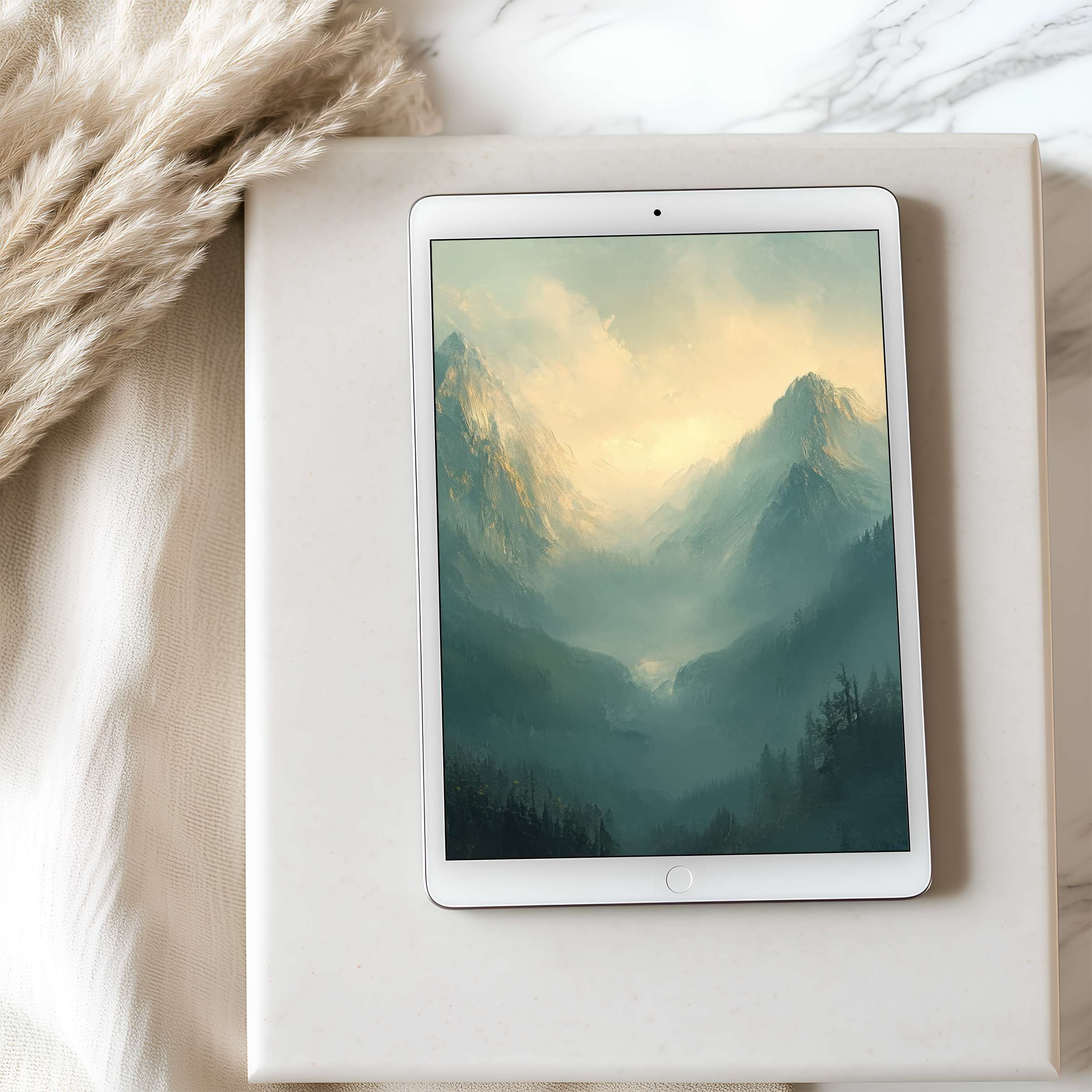 Serene mountain landscape tablet wallpaper in soothing hues, perfect for iPad and Android tablets, offering a calm digital download experience