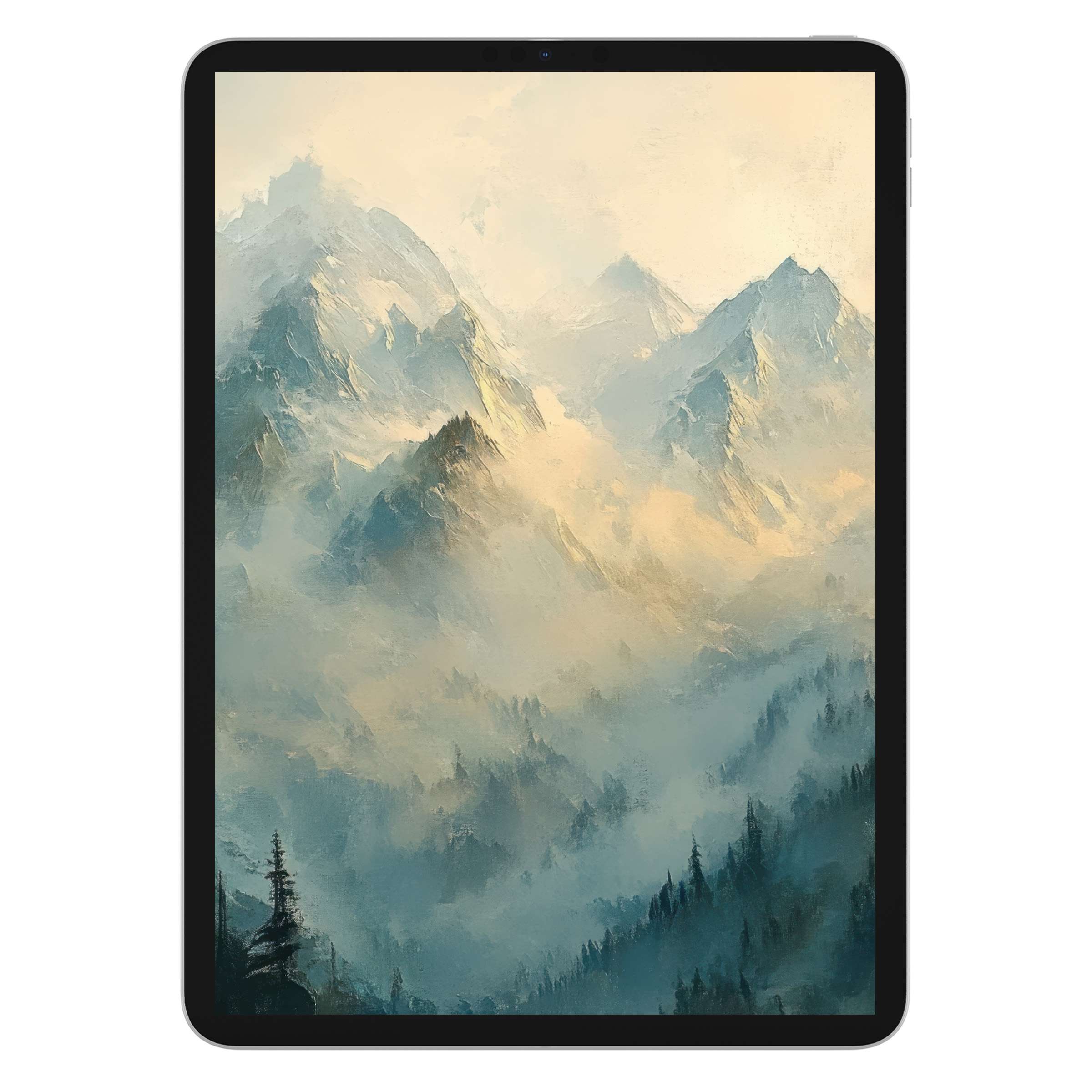 Misty mountain spring iPad wallpaper in soft blues and yellows as a calming digital download tablet background for nature lovers