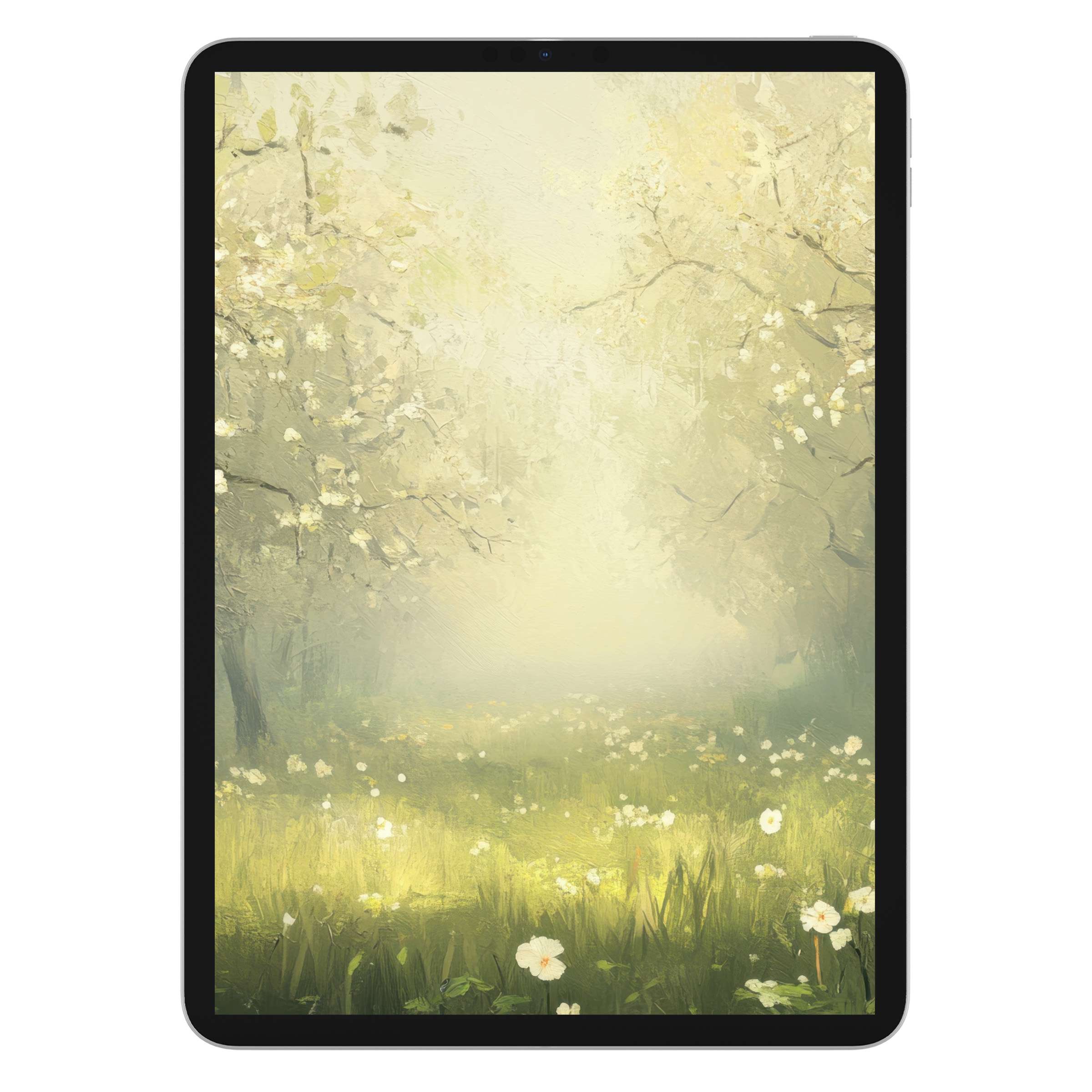 Spring iPad wallpaper digital download features a serene meadow with soft pastels, creating an elegant background for tablets and phones