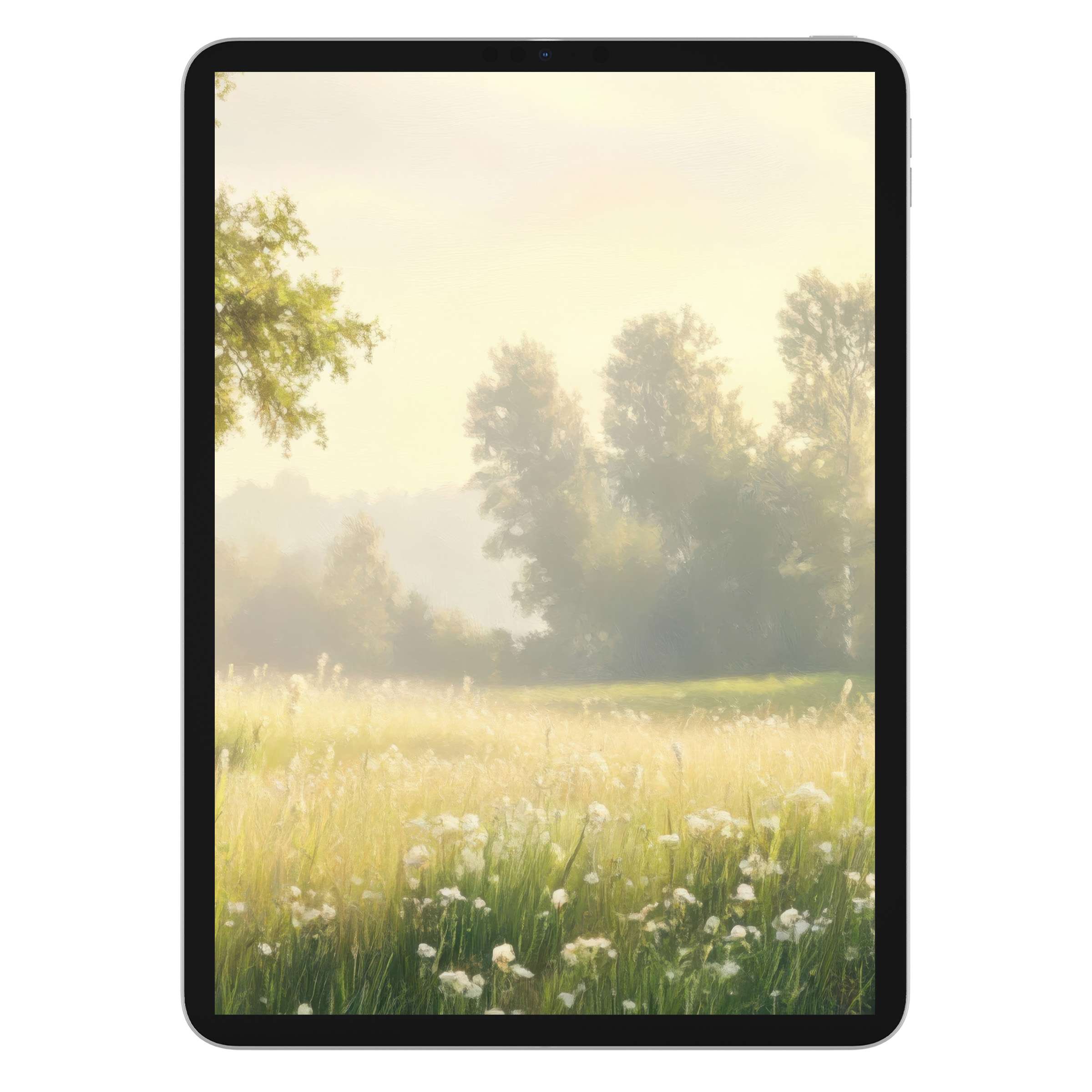 Serene spring iPad wallpaper with tranquil meadow scene perfect as a digital download for tablets offering a calming background