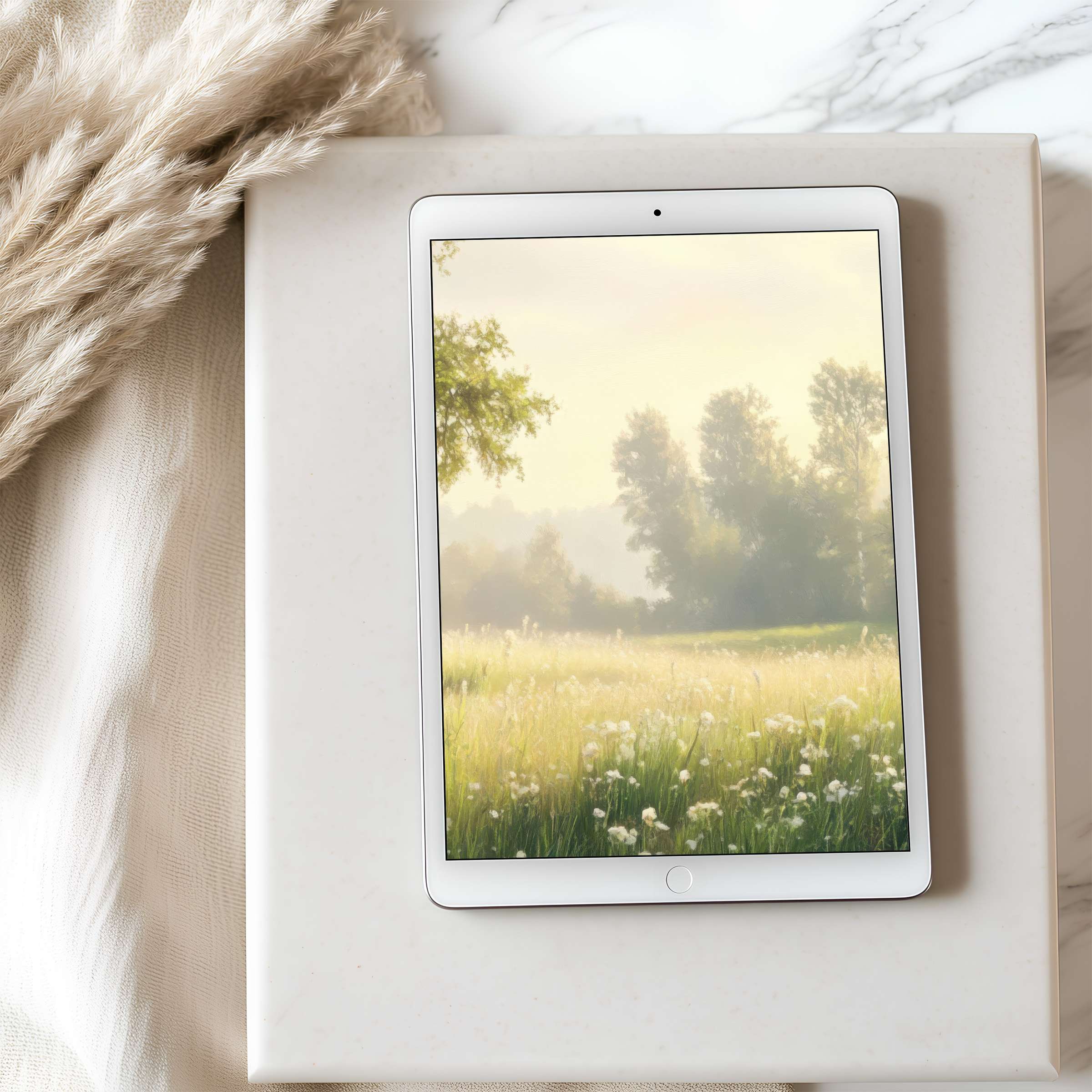 Serene landscape tablet wallpaper featuring sunlit fields and trees in soft tones perfect for iPad high-resolution digital download