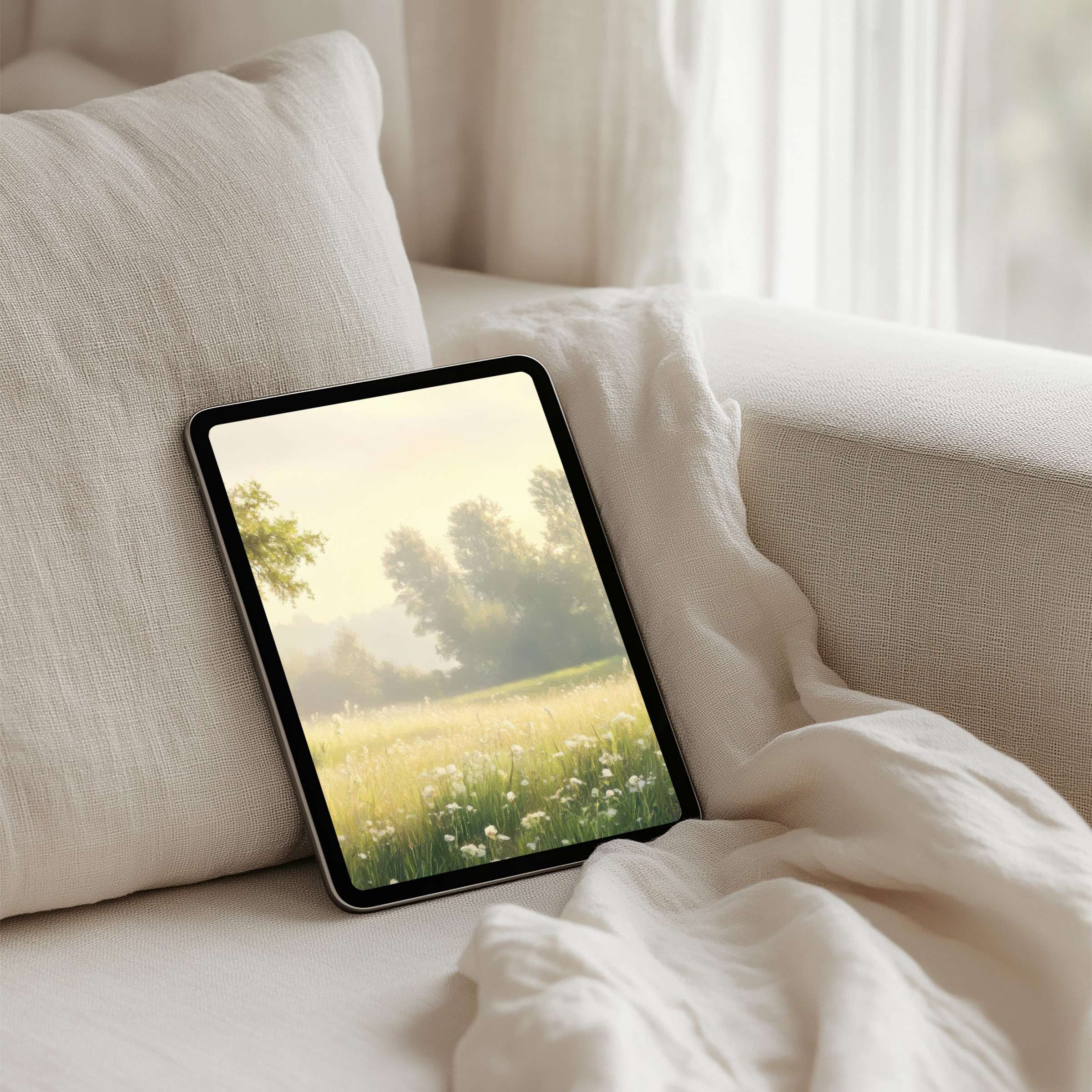 Elegant iPad background for instant download featuring tranquil meadow scene, perfect for tablet users seeking calm, mindful aesthetics
