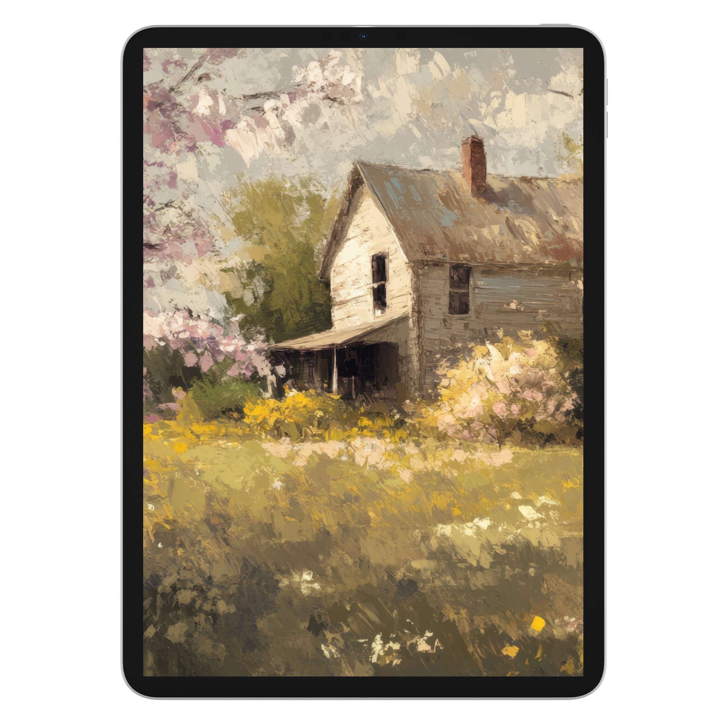 Elegant spring iPad wallpaper featuring a serene rustic house amidst blooming flowers in a digital download, enhancing your tablet background