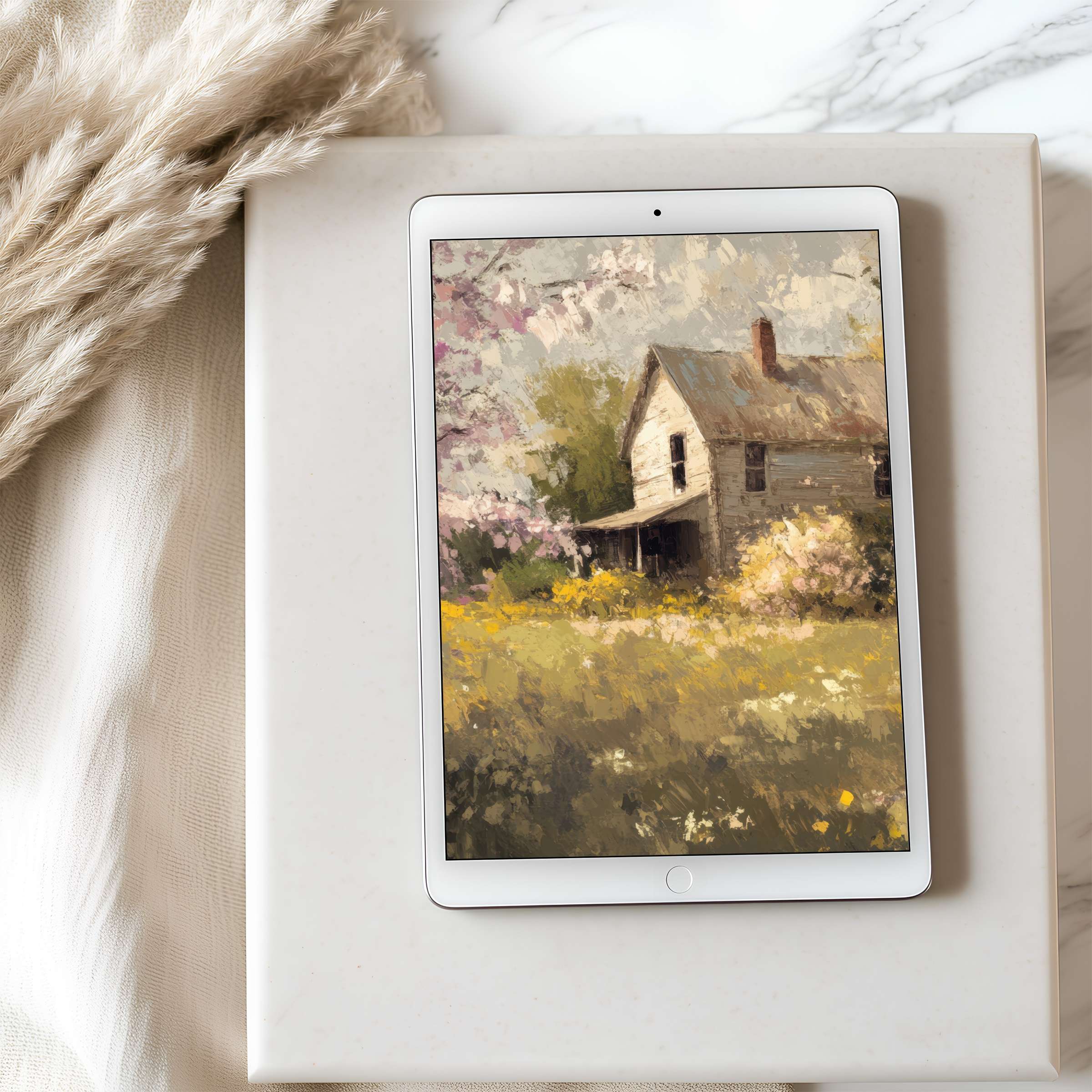 Elegant tablet wallpaper depicting a serene rural home surrounded by blooming flowers, ideal for iPad high resolution digital downloads
