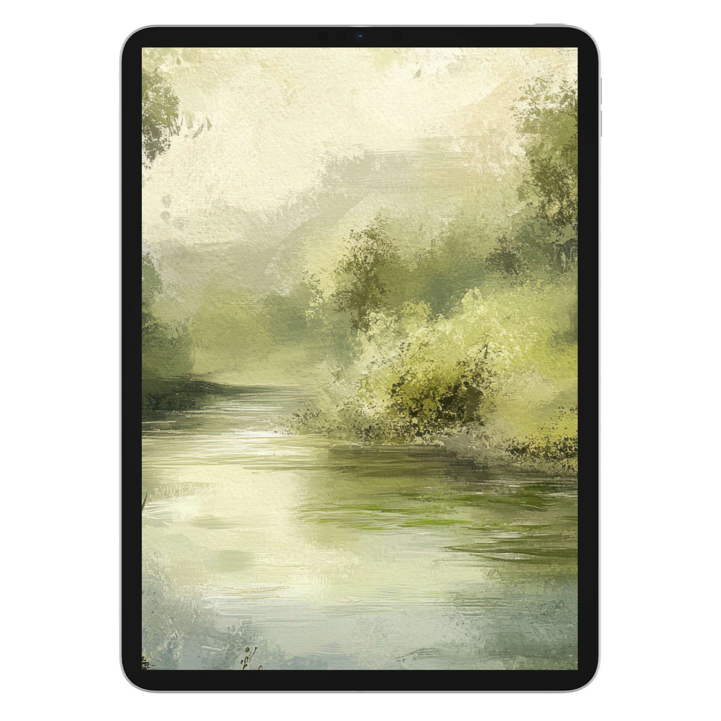 Calming spring iPad wallpaper with serene painted landscape, perfect digital download for tablet background on Samsung and Android