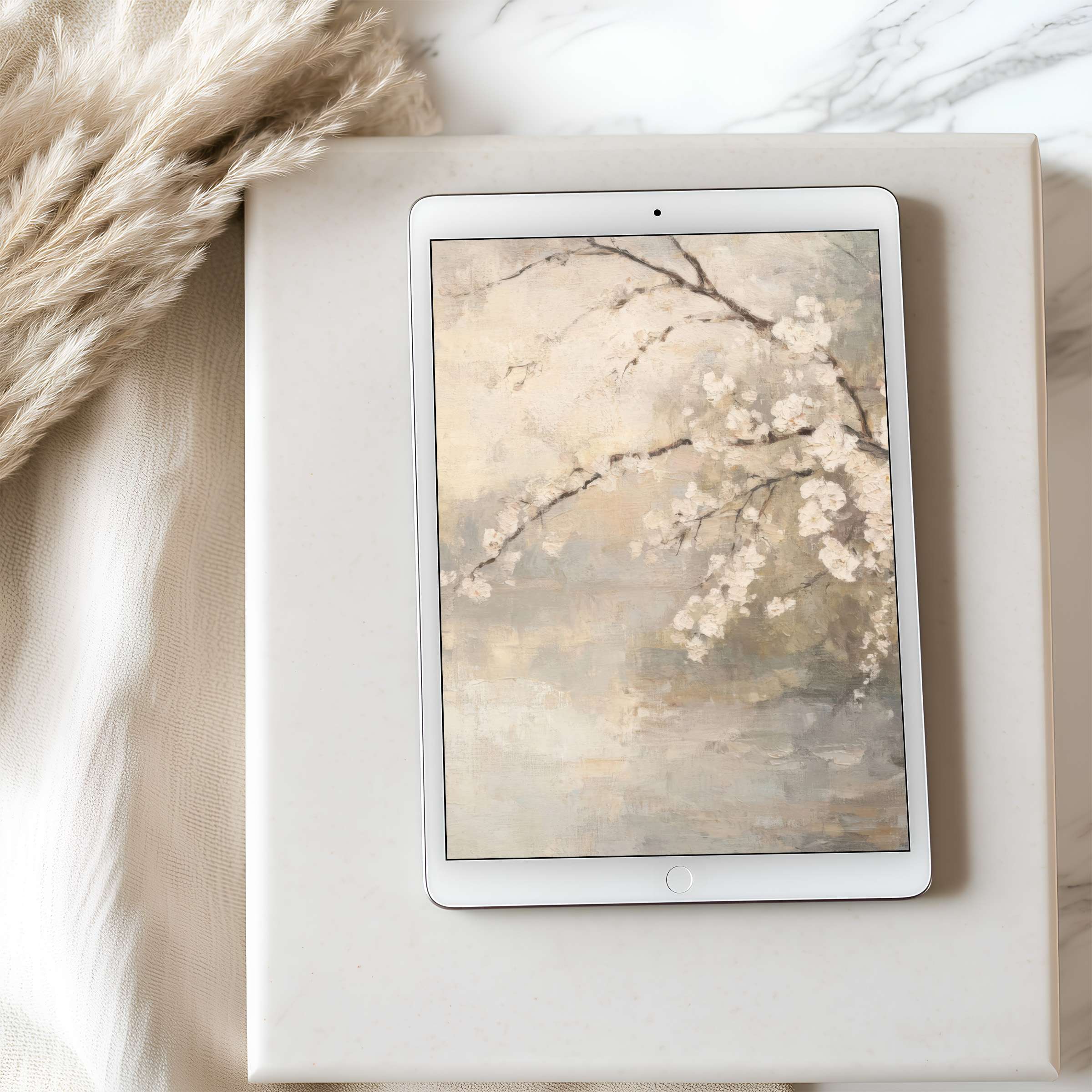 Blossoming cherry branch tablet wallpaper in soothing pastels enhances any iPad or Android tablet in high resolution for digital download