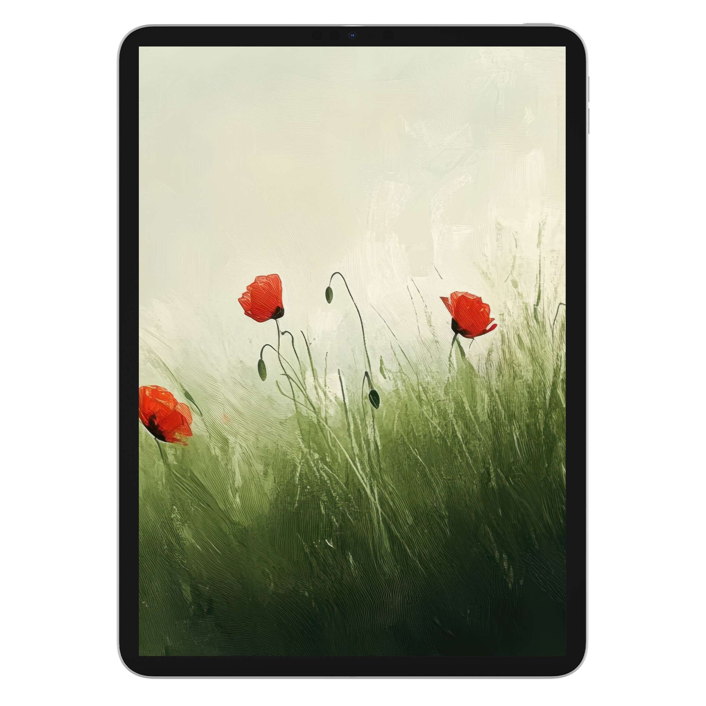 Elegant spring iPad wallpaper with serene green grass and red poppies, perfect digital download for tablet background serenity