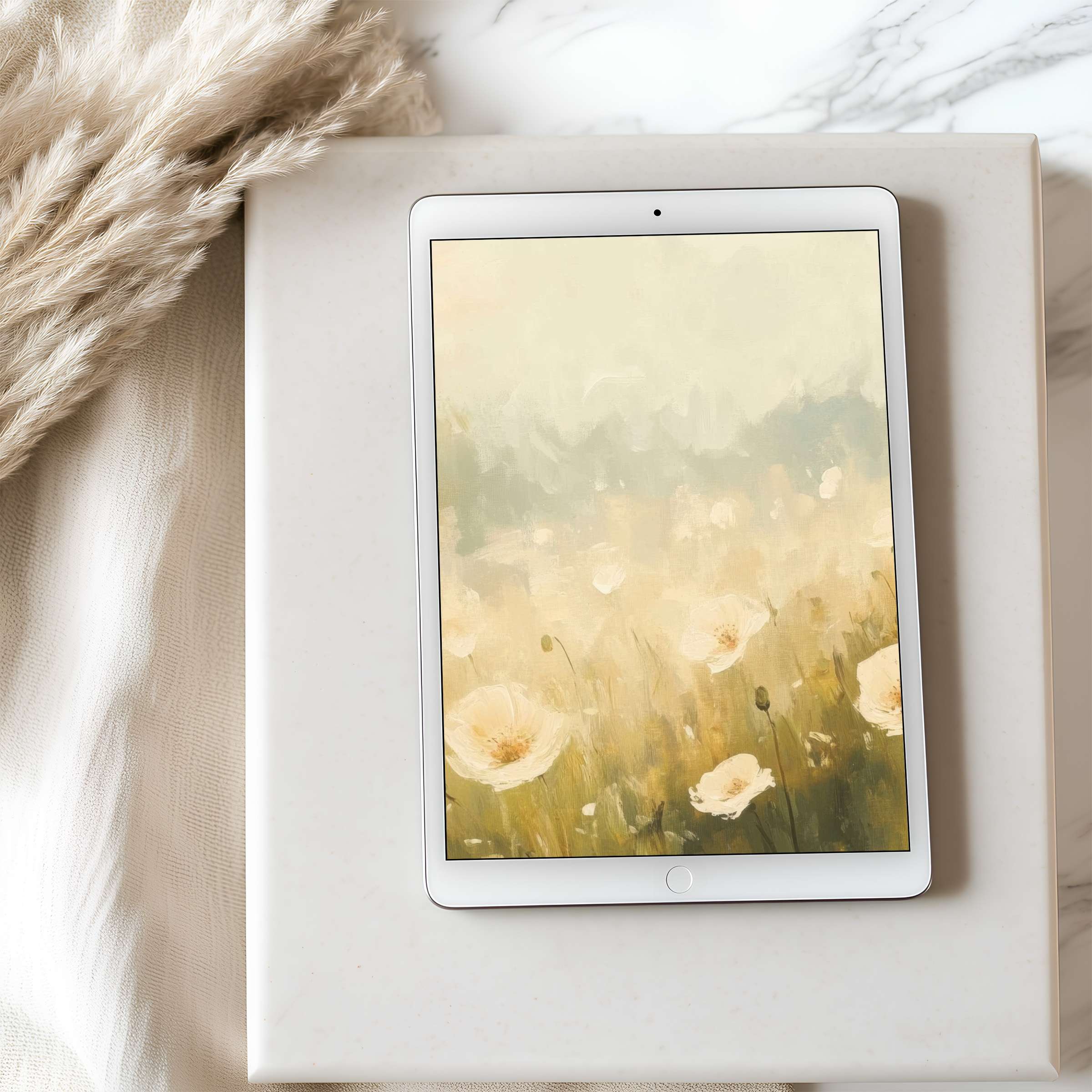 Elegant tablet wallpaper with serene floral art in soft pastels, perfect for iPad; enhances any digital space with calm beauty