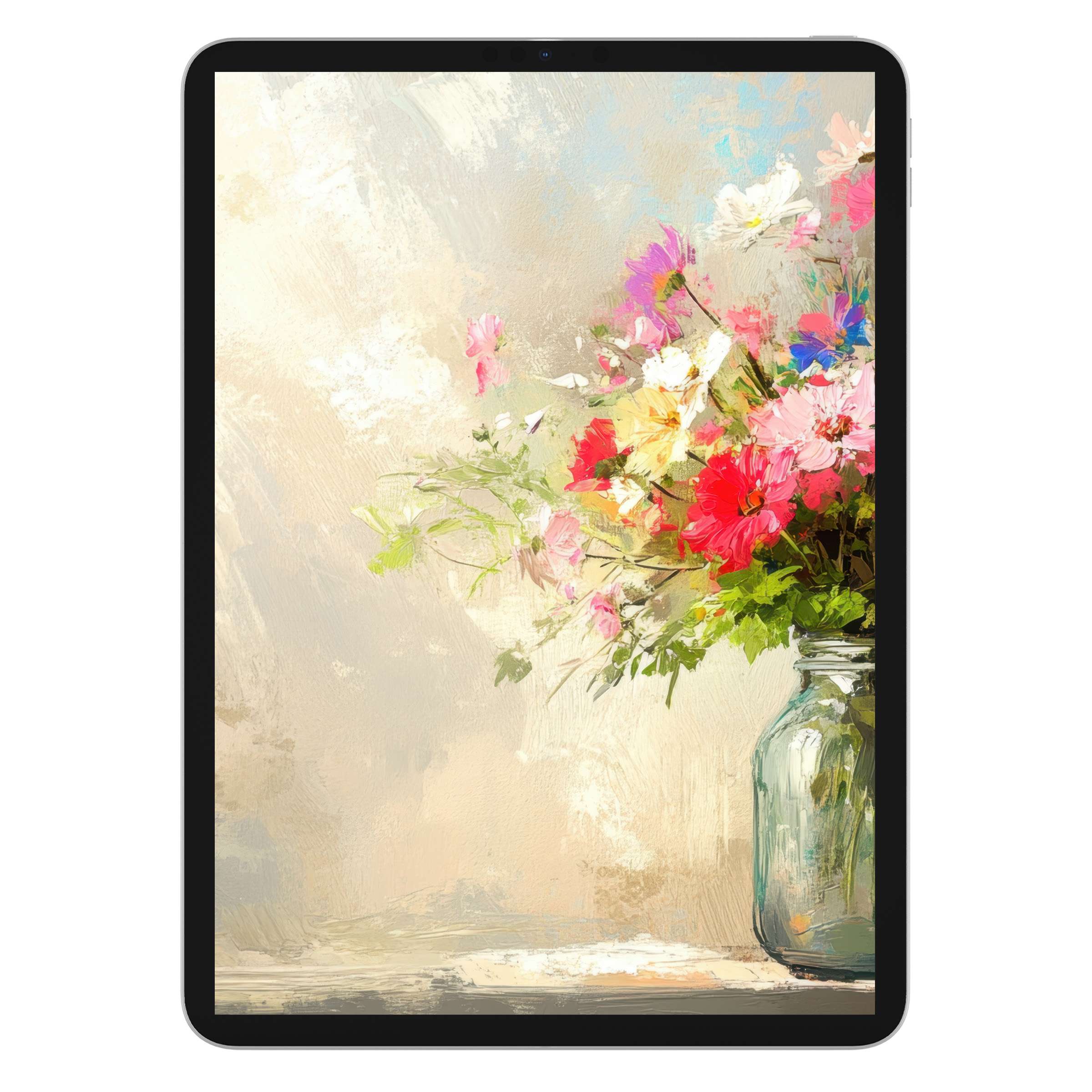 Vibrant spring iPad wallpaper featuring a digital download of a floral bouquet on textured canvas background for tablets and Android devices
