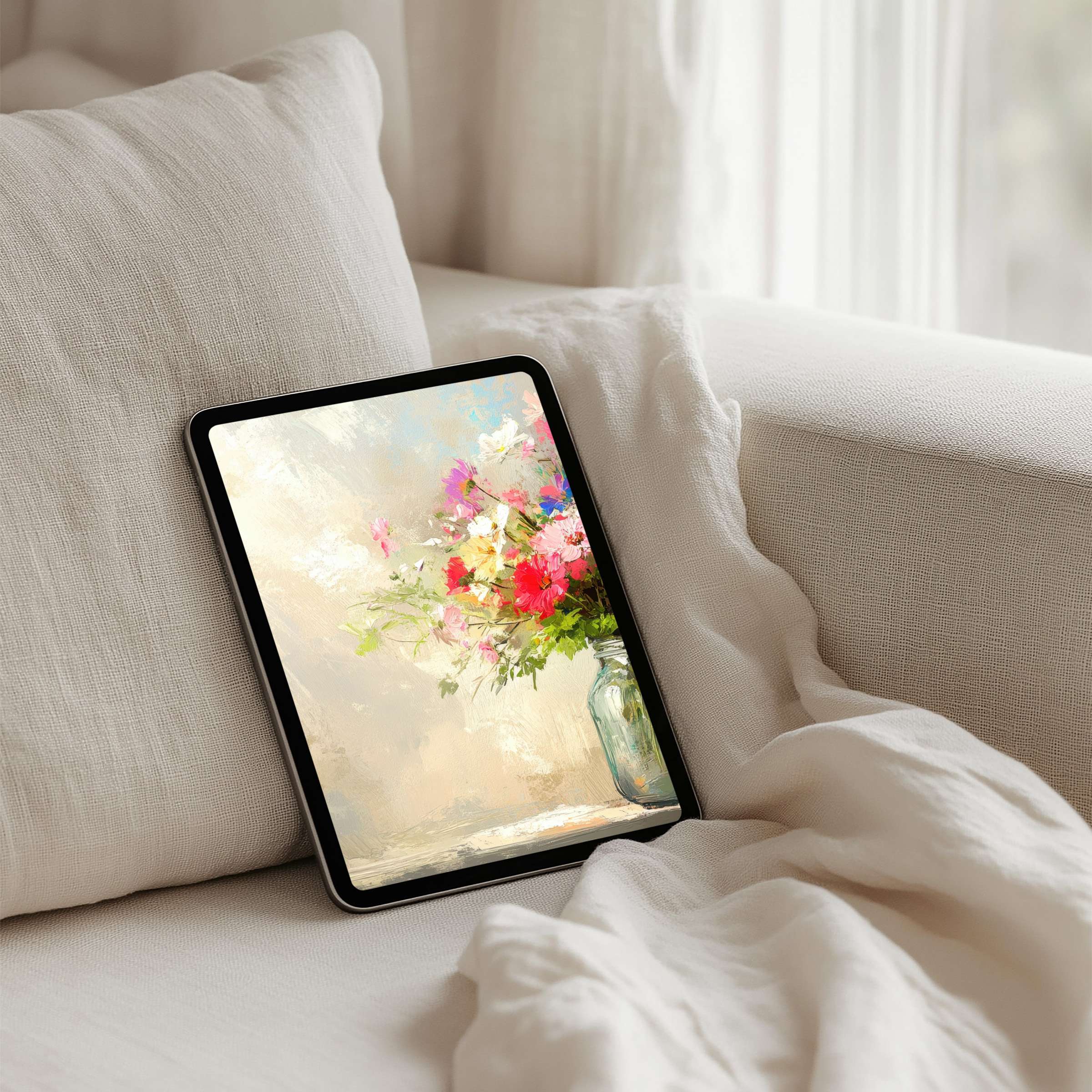 Elegant iPad background featuring vibrant floral art creates a calm, inspiring ambiance in your tablet's interior instant download setup