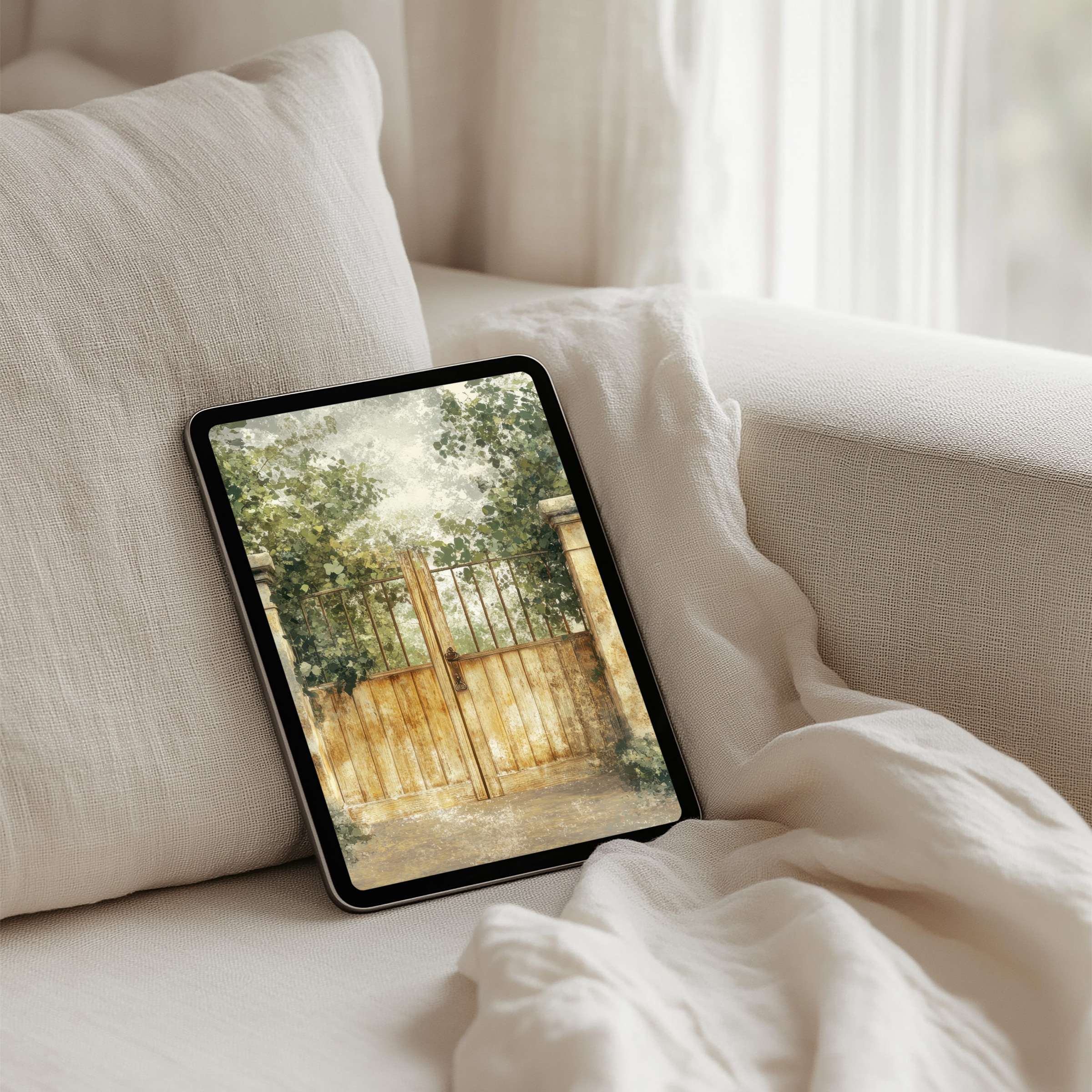 Elegant watercolor gate scene for iPad background offers mindfulness and inspiration with instant download for any tablet device