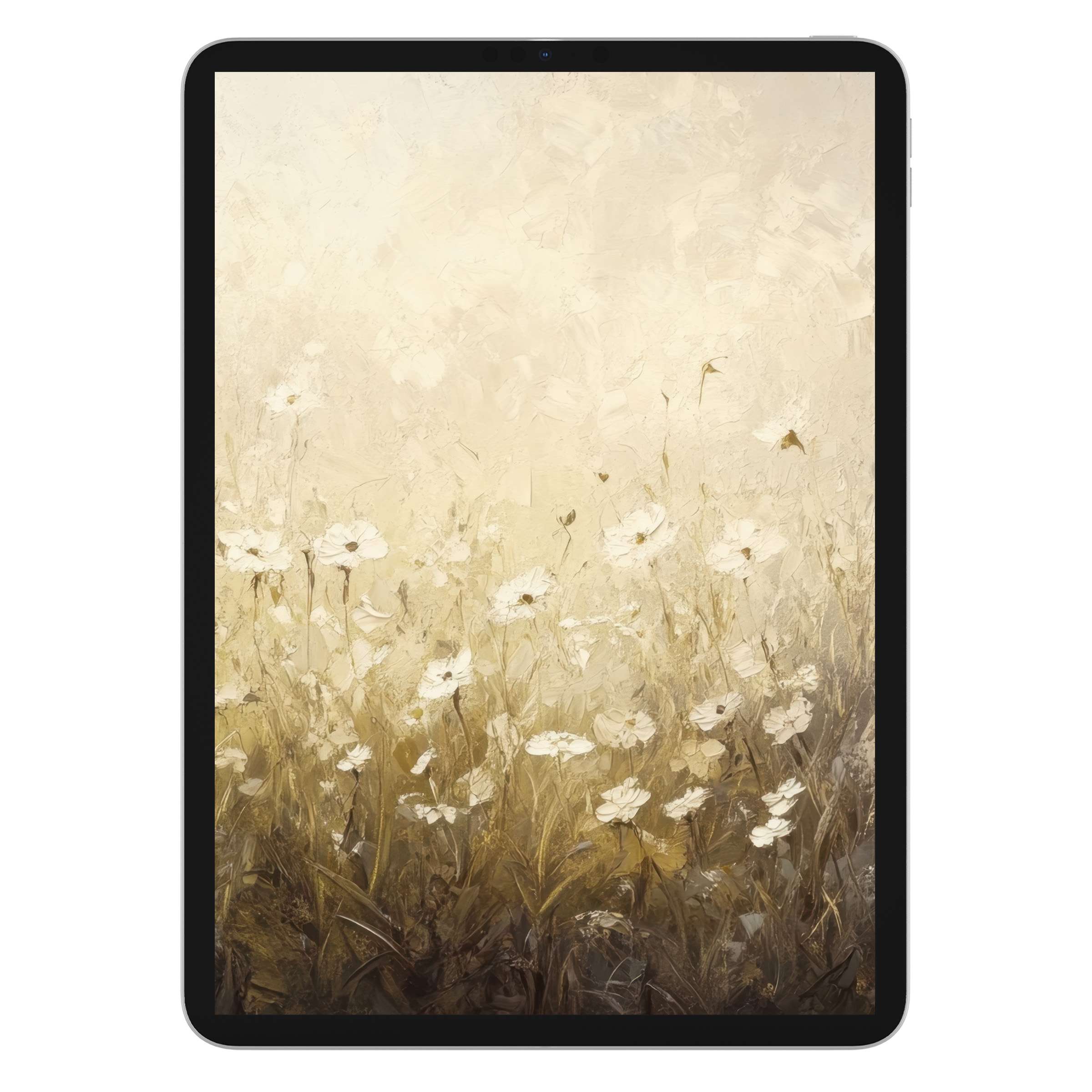Elegant spring iPad wallpaper in soft pastels, featuring a field of delicate blooms perfect for digital download and tablet background