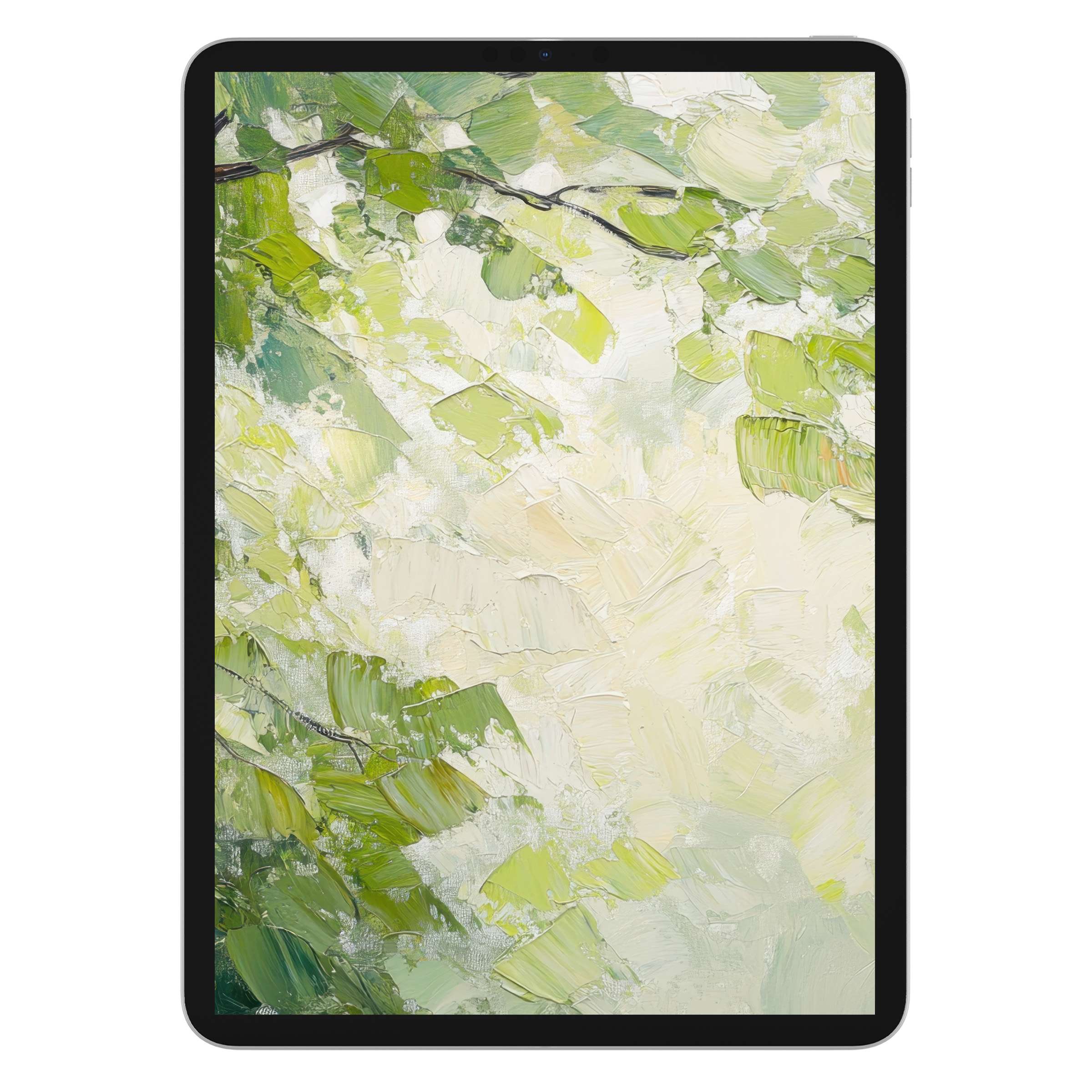 Serene spring iPad wallpaper featuring abstract green foliage evokes tranquility perfect for tablet background digital download seekers