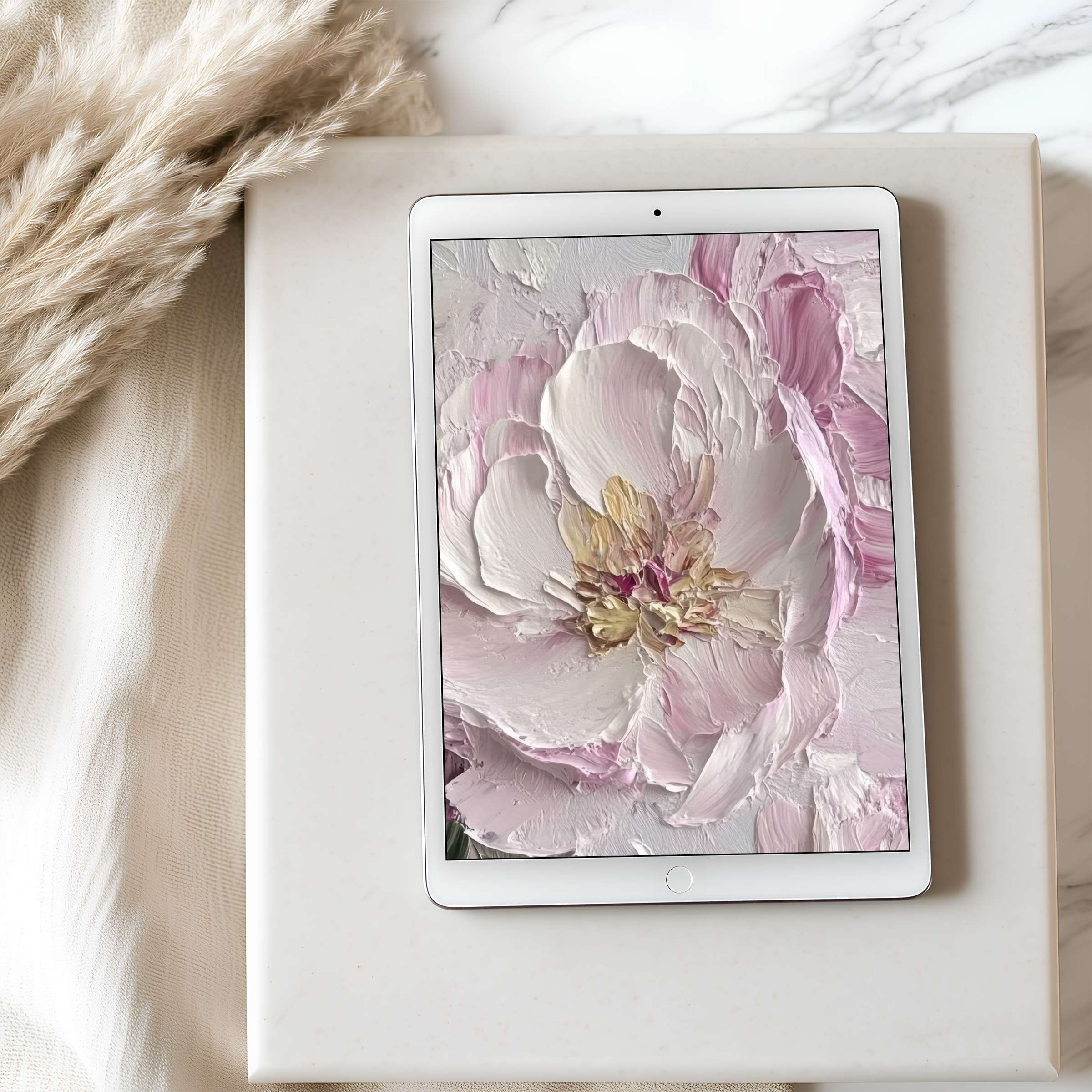 Elegant tablet wallpaper featuring a high-resolution pastel floral oil painting, perfect for iPad or Android tablet downloads, enhances serene spaces