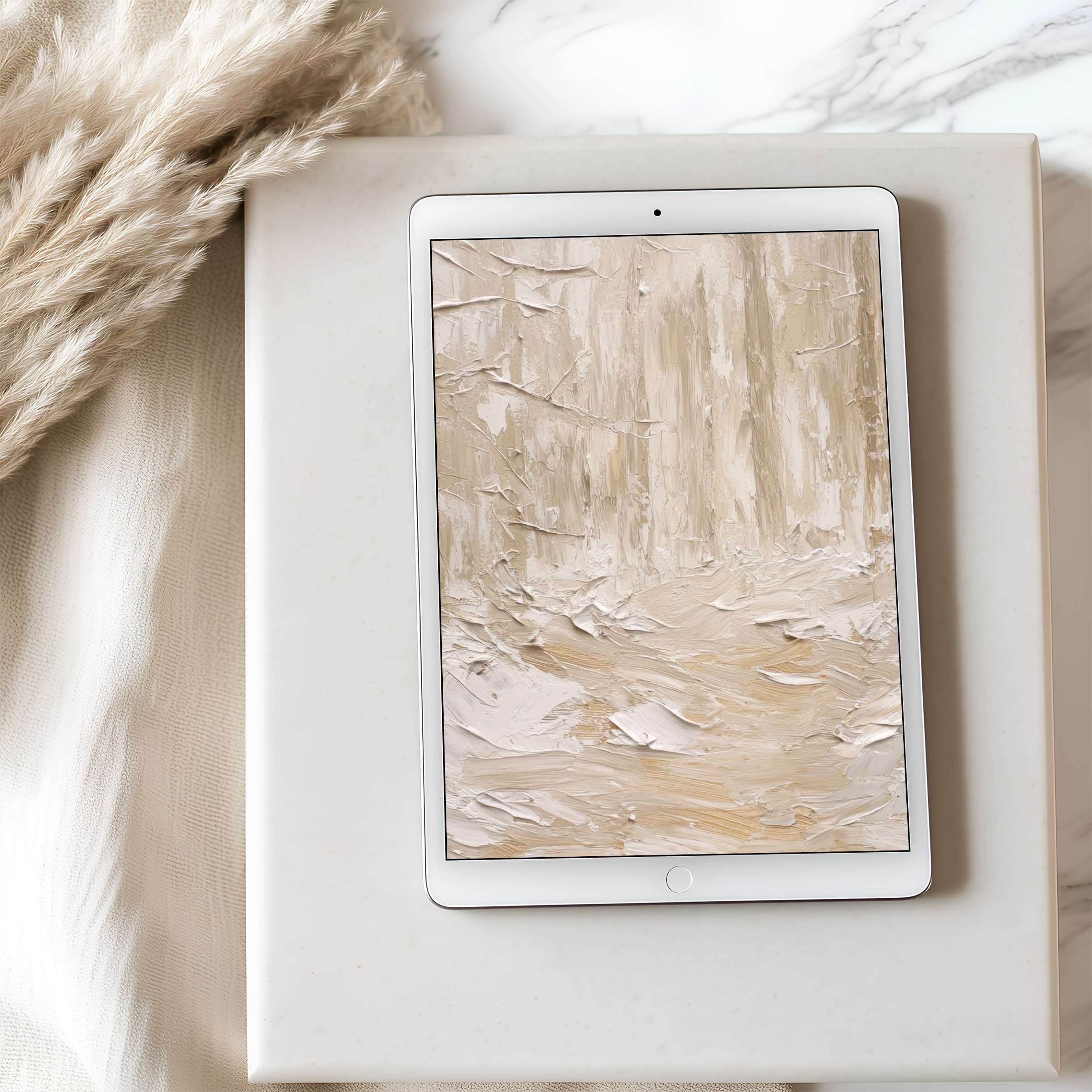 Elegant abstract beige tablet wallpaper for iPad or Android, exuding tranquility and sustainability in high-resolution digital download