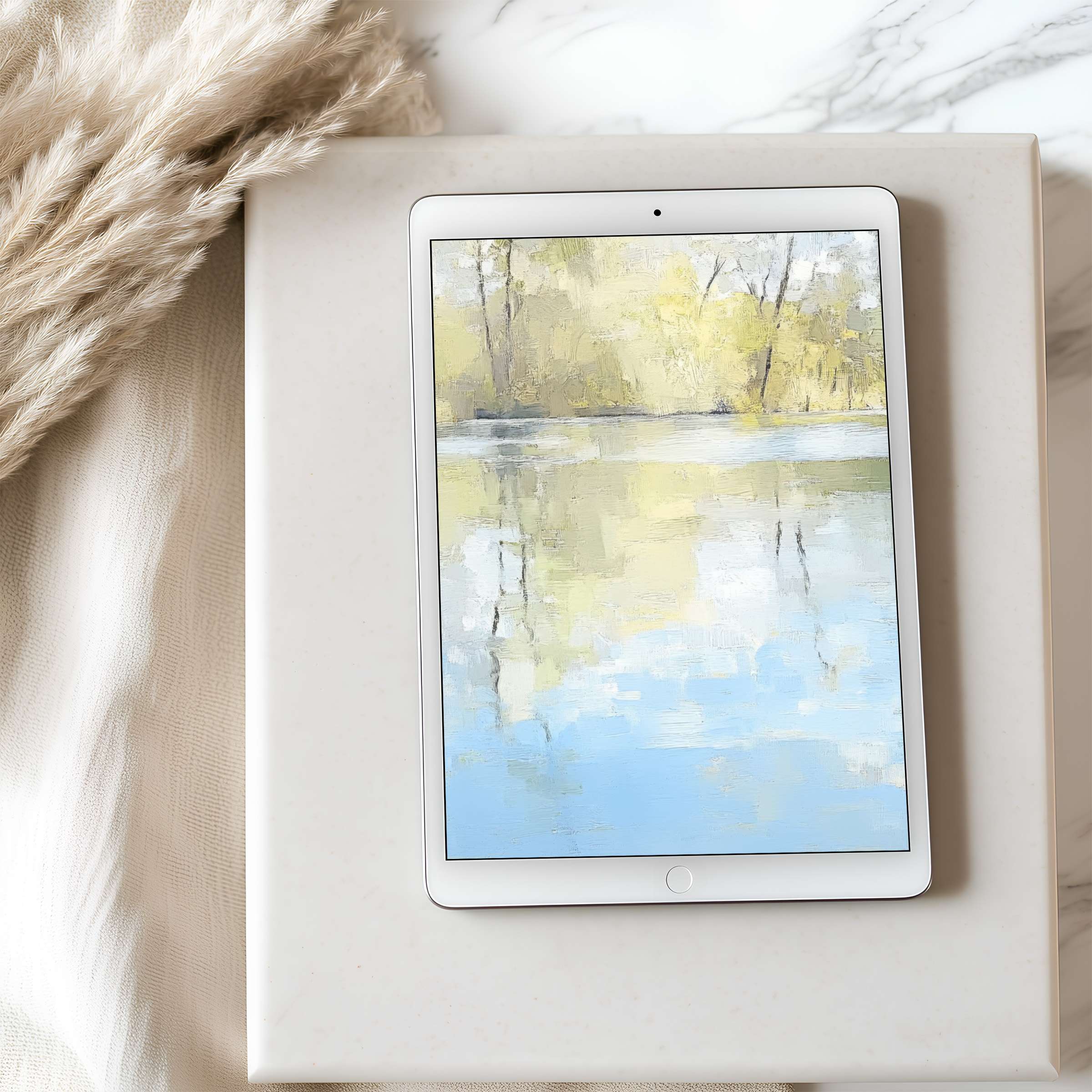 Elegant tablet wallpaper showcasing serene pastel landscape reflections, perfect for iPad or Android, offering calm digital download artistry