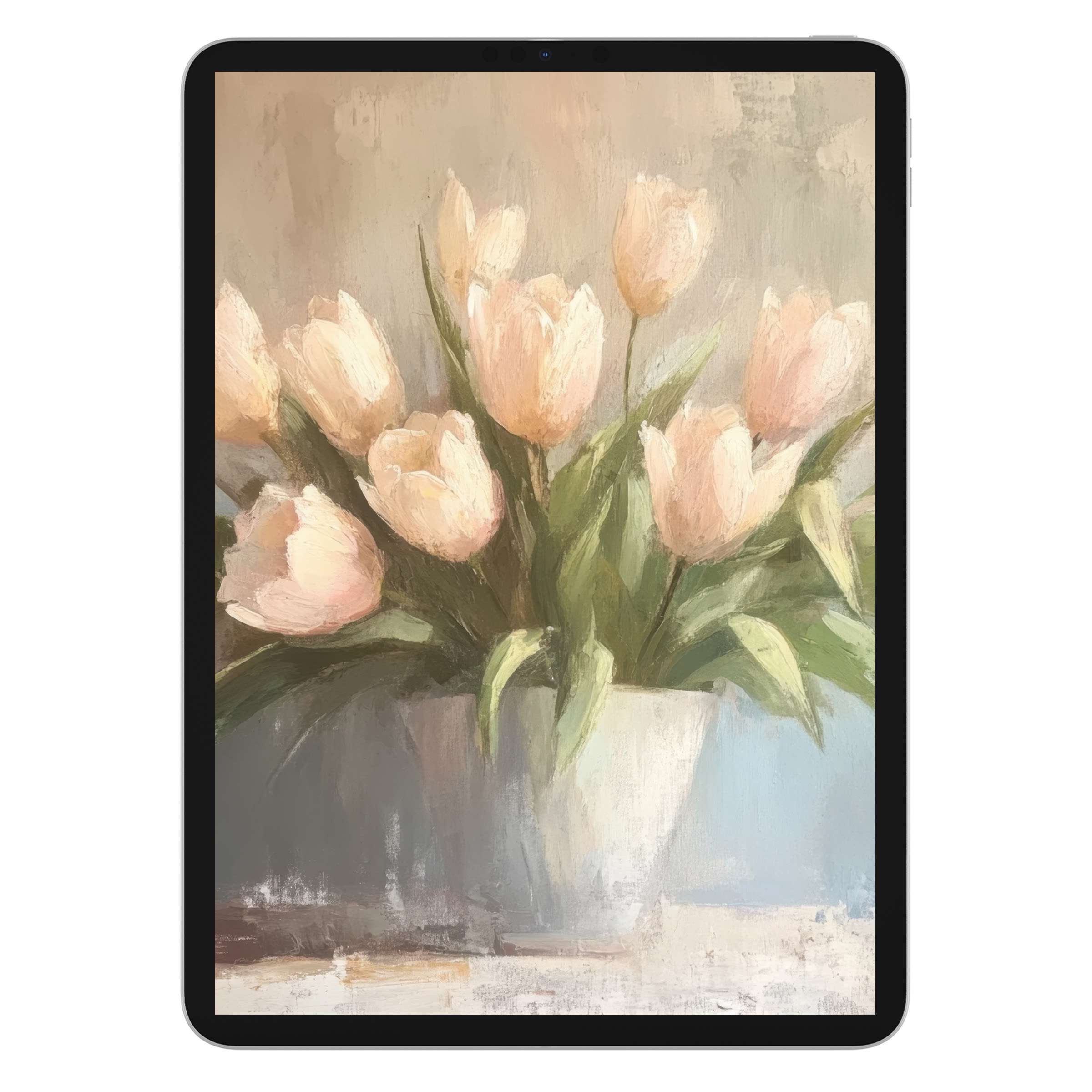 Soft pastel flowers painted in impressionist style create a spring iPad wallpaper, ideal as a digital download for tablet background