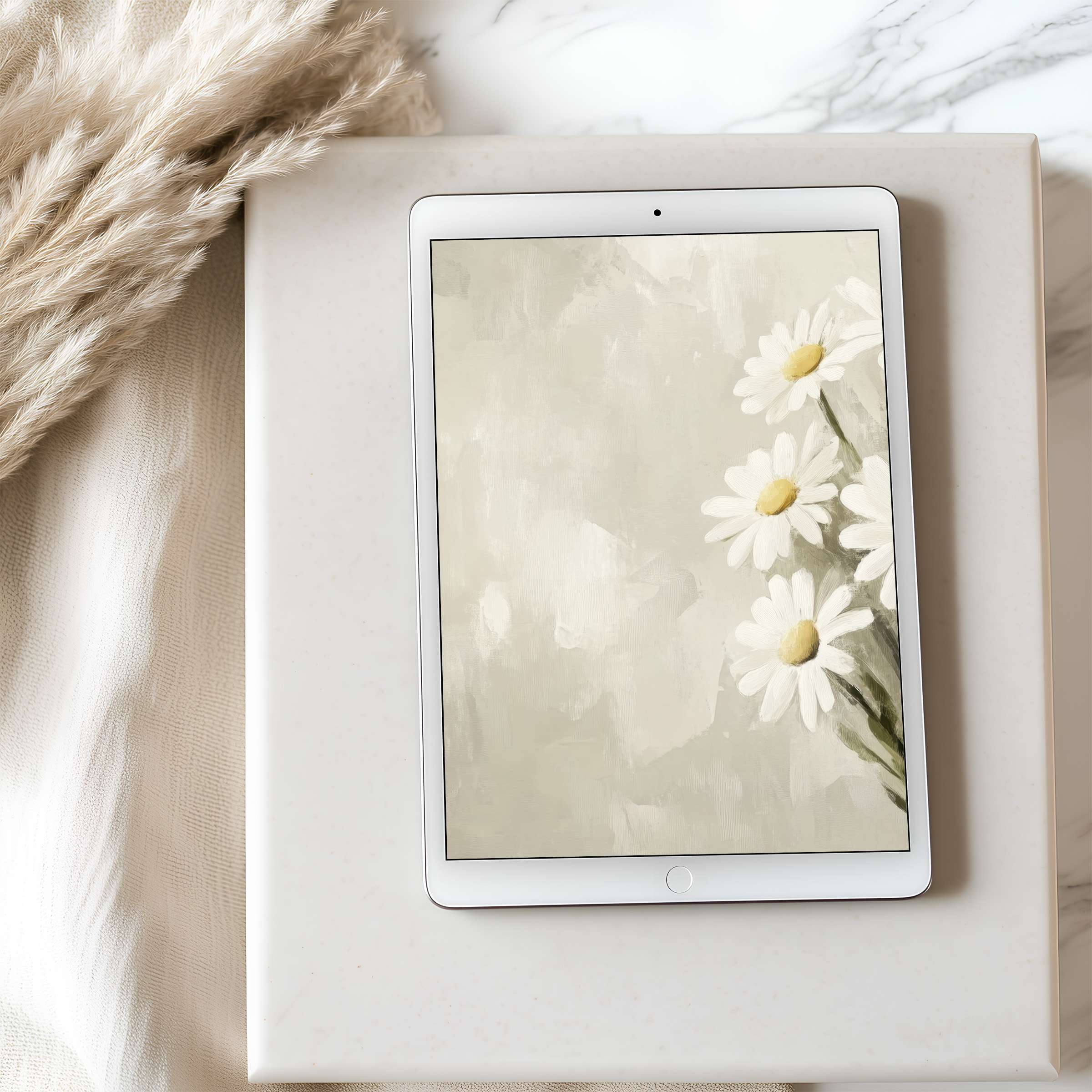 Elegant tablet wallpaper featuring serene daisies on a neutral background offers high resolution for iPad and Android digital download