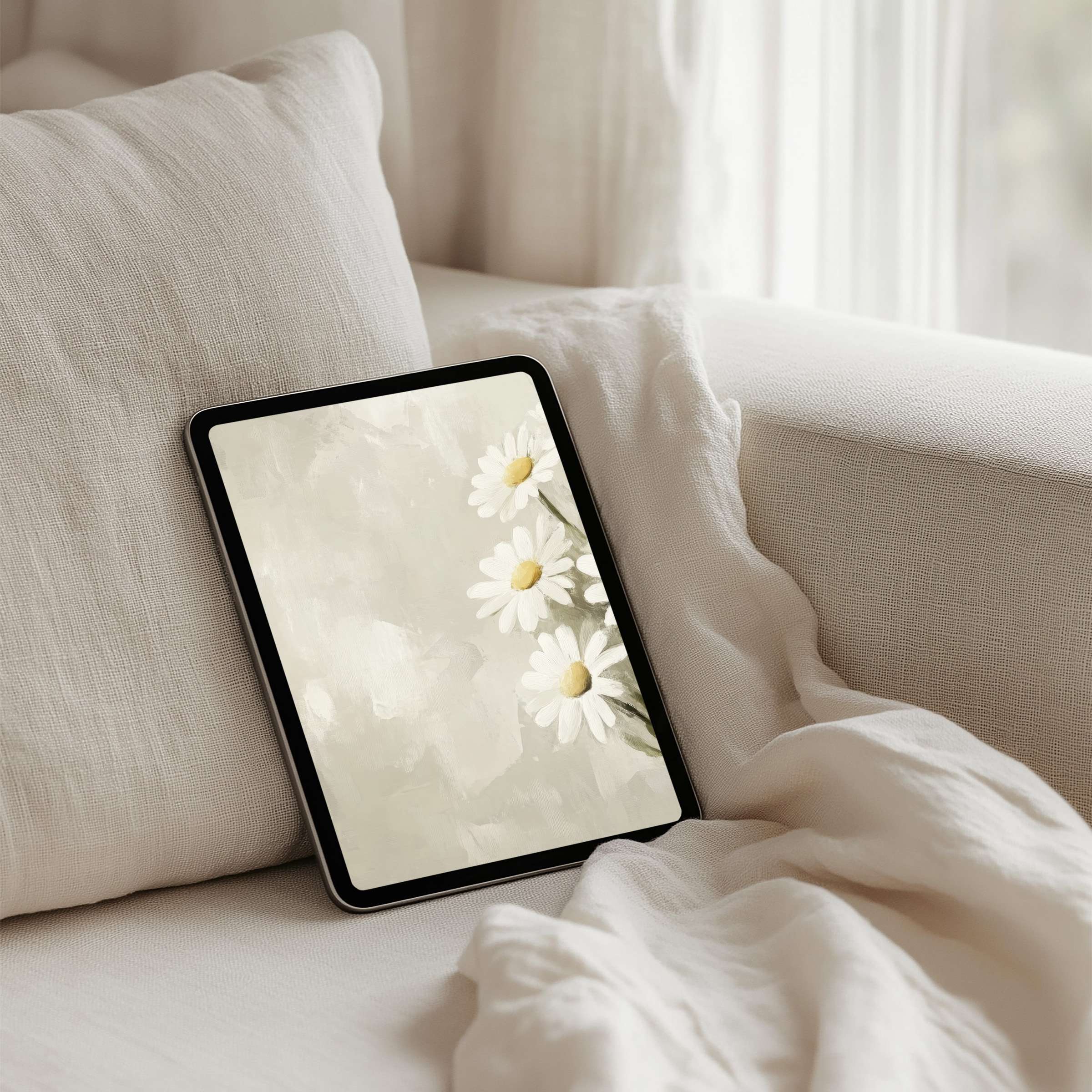 Elegant iPad background featuring serene white daisies on a soft canvas ideal for instant download on any tablet device