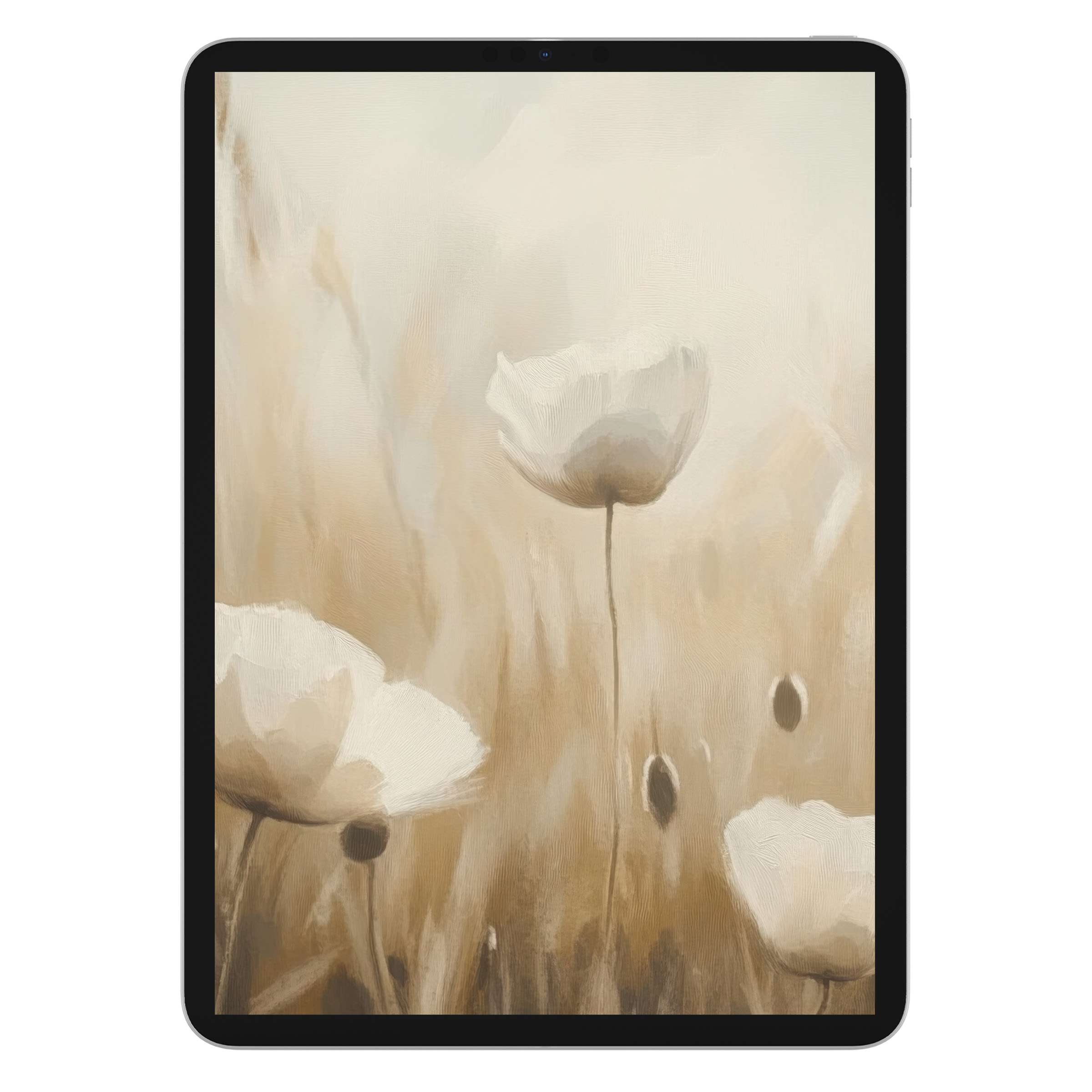 Elegant spring iPad wallpaper featuring soft beige flowers with watercolor textures perfect for digital download and tablet background