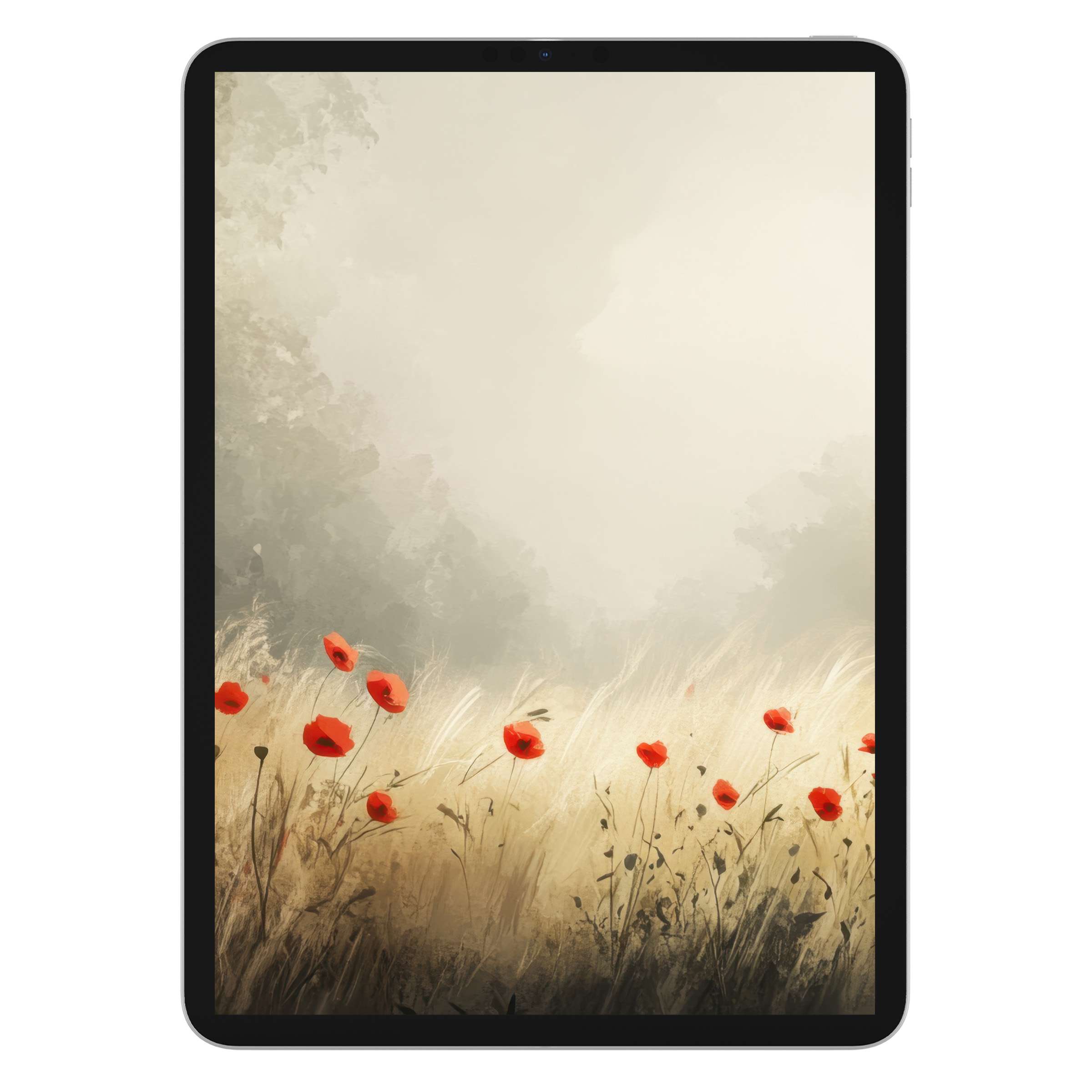 Dreamy spring iPad wallpaper featuring poppies in a misty meadow digital download for elegant tablet backgrounds sustainability guaranteed