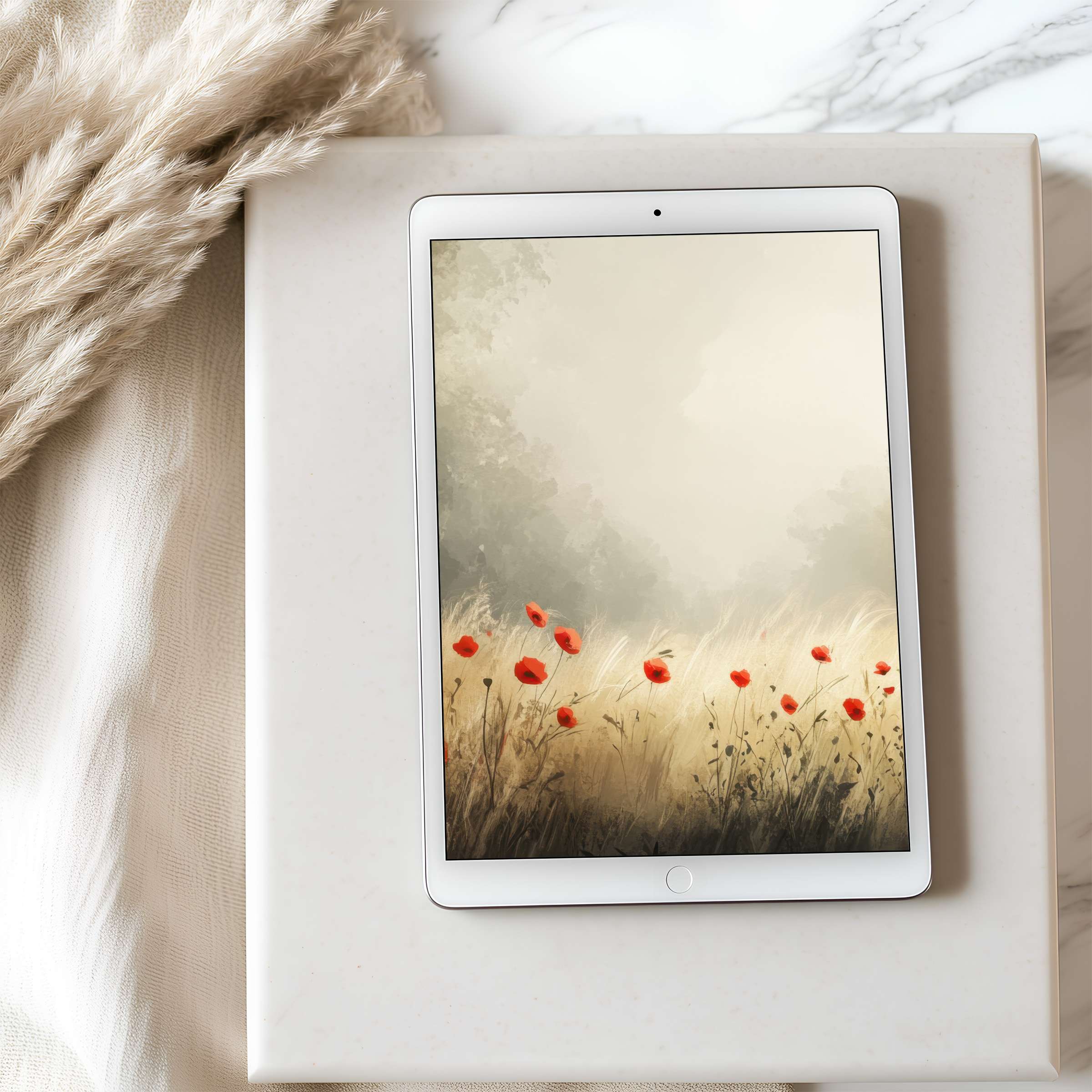 Tranquil tablet wallpaper featuring serene poppy fields in soft hues ideal for iPad and Android tablets high resolution download