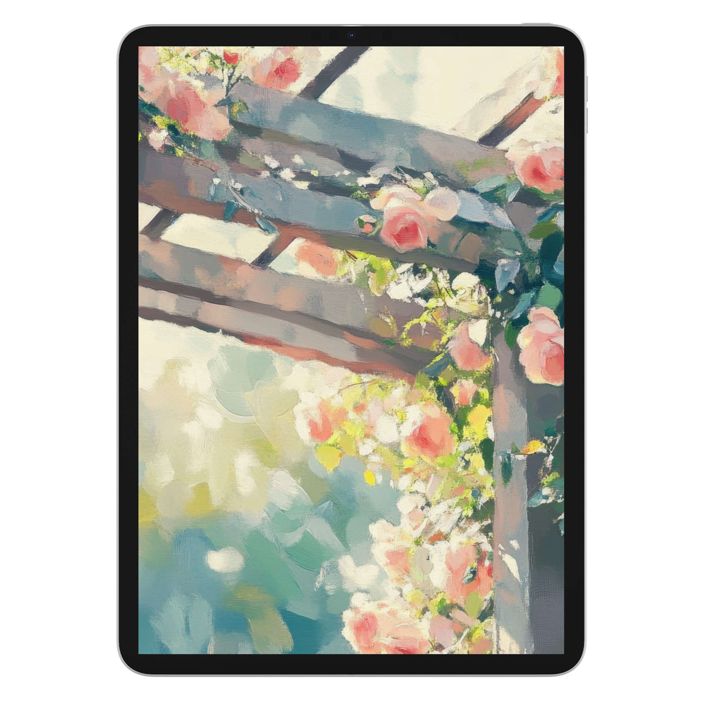 Elegant spring iPad wallpaper featuring pastel floral blossoms on a wooden pergola, perfect as a calming digital download background for tablets