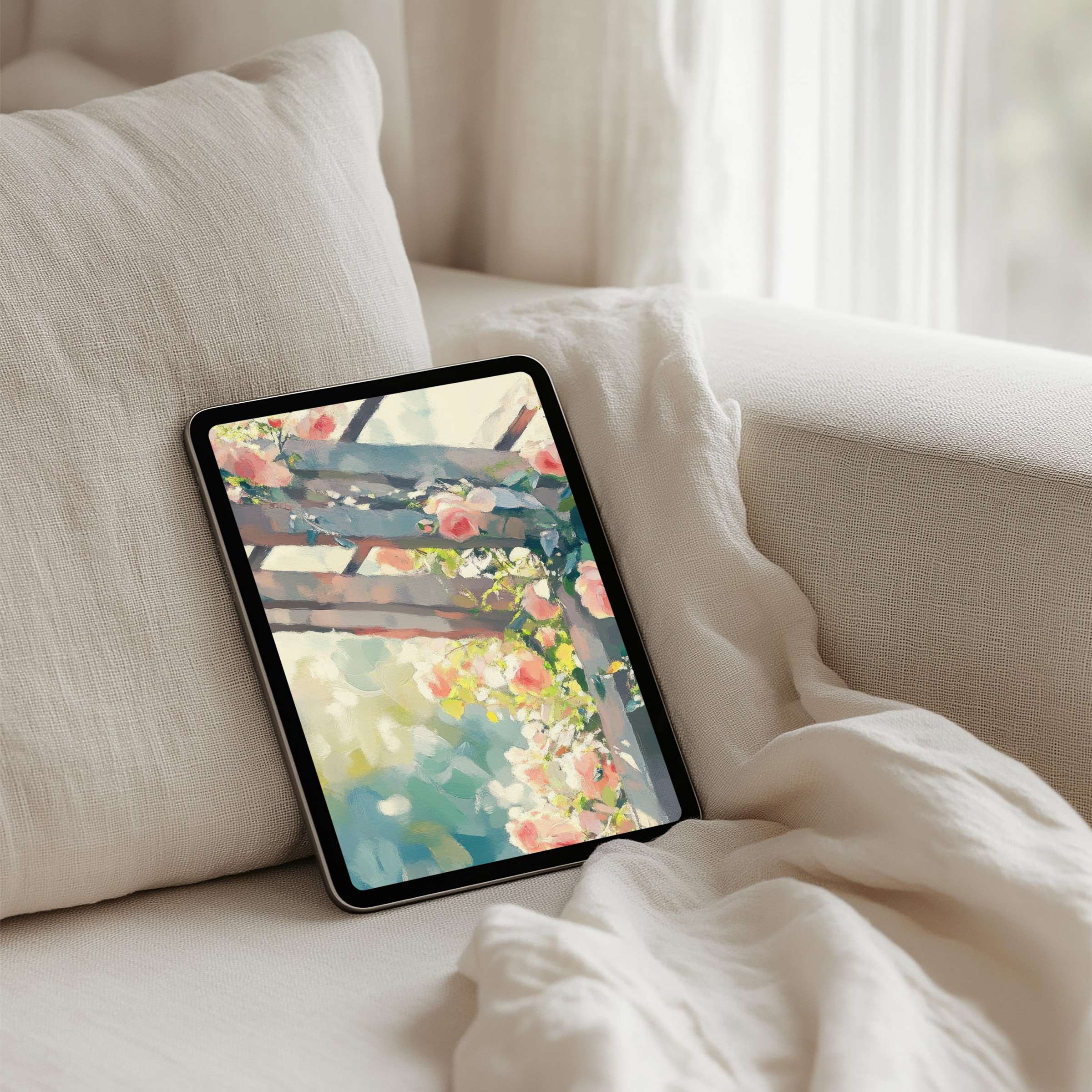 Elegant floral digital art iPad background for instant download enhancing your tablet's style with calming pastel hues and serenity