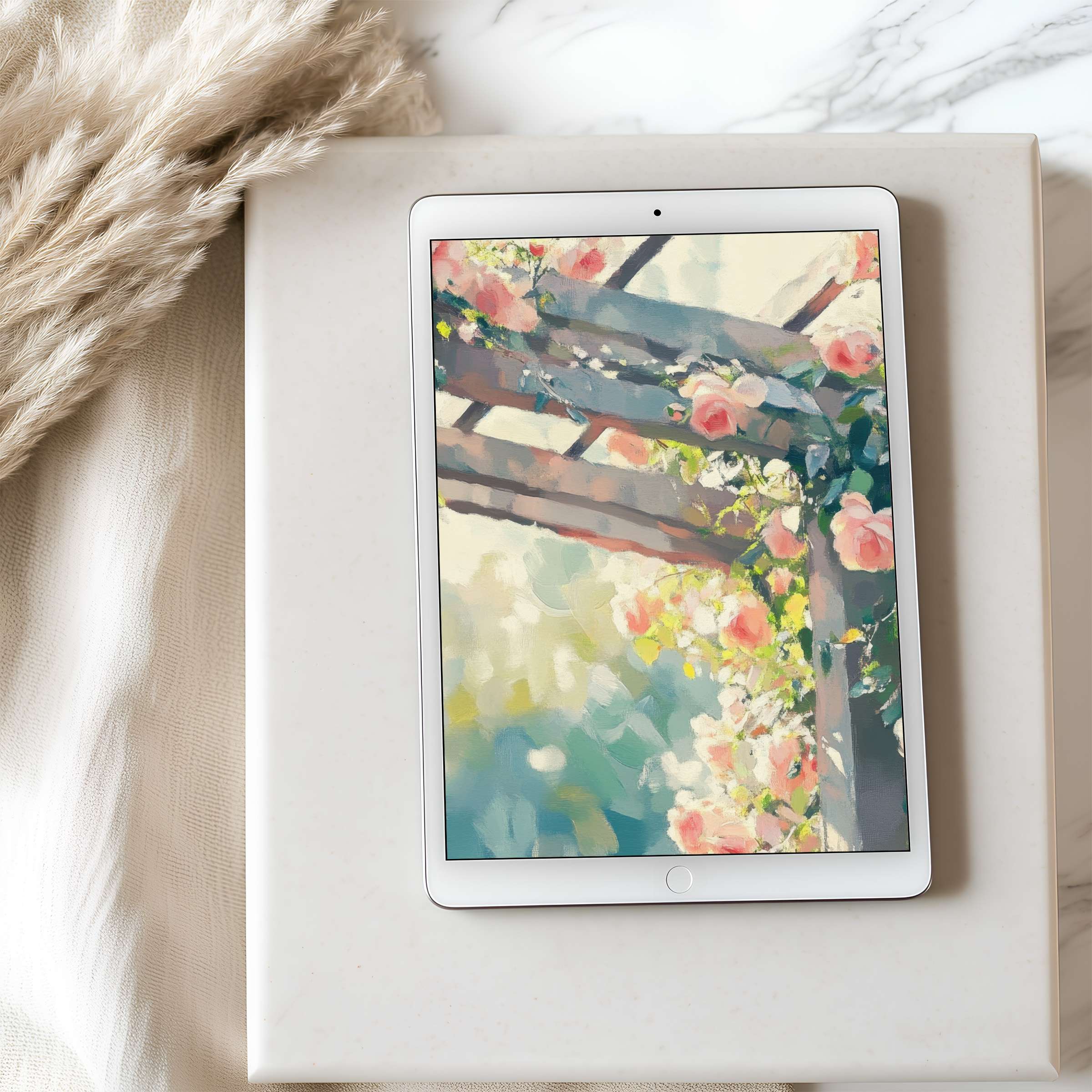 Elegant tablet wallpaper with pastel floral art offering tranquility, perfect for high resolution digital download on Android and iPad