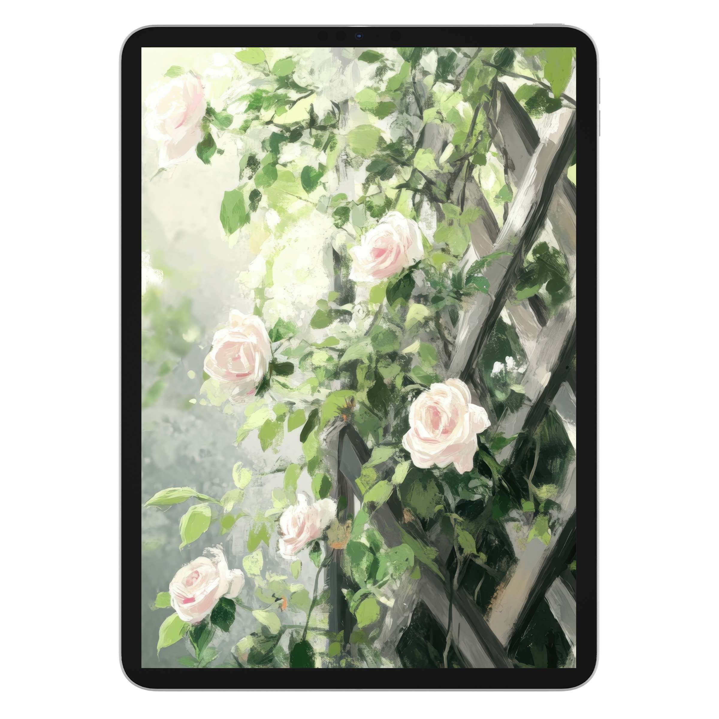 Elegant spring iPad wallpaper featuring soft pink roses on a lattice, perfect tablet background for a calming digital download