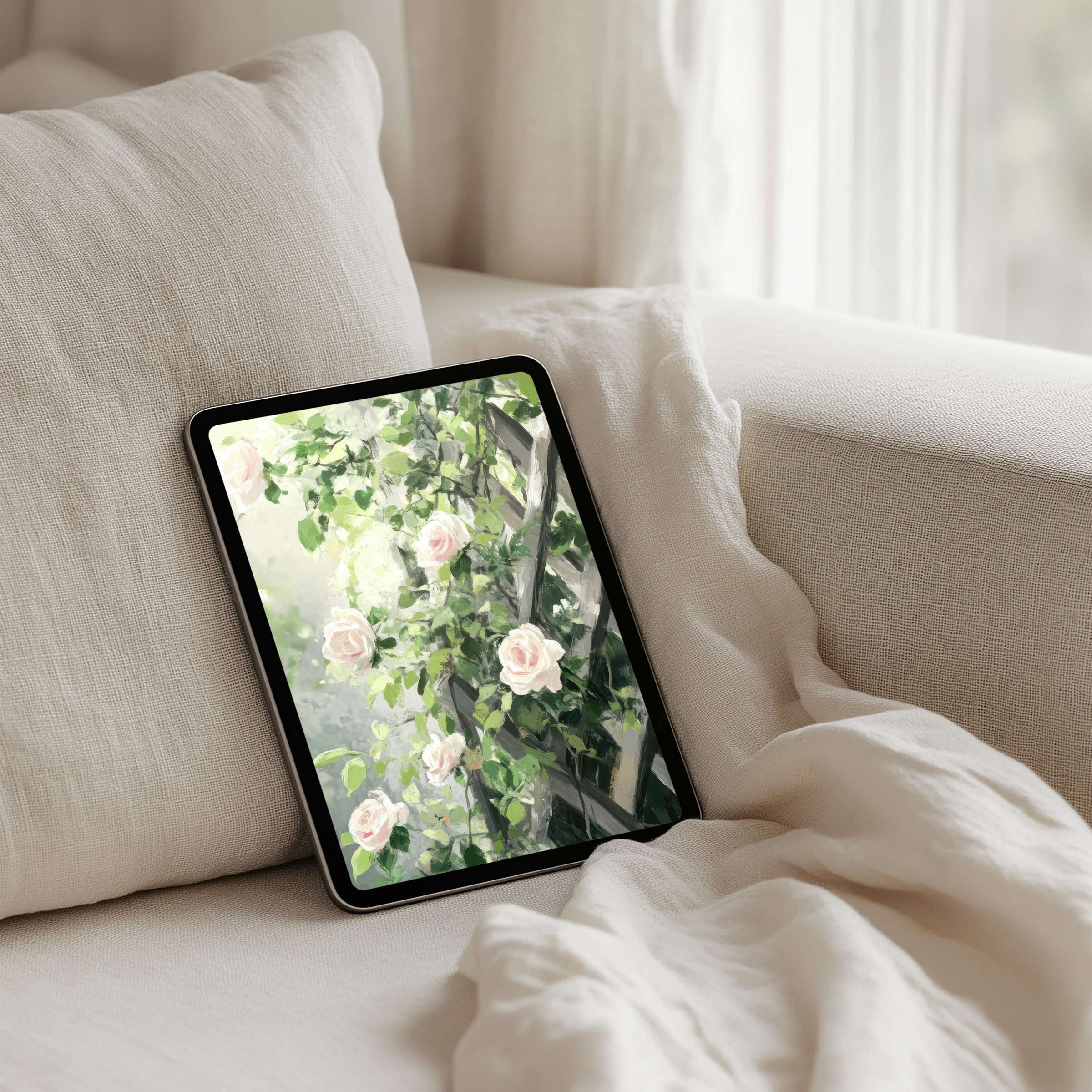 Elegant iPad background with delicate roses, offering instant download for tablet users seeking calm elegance and mindful inspiration