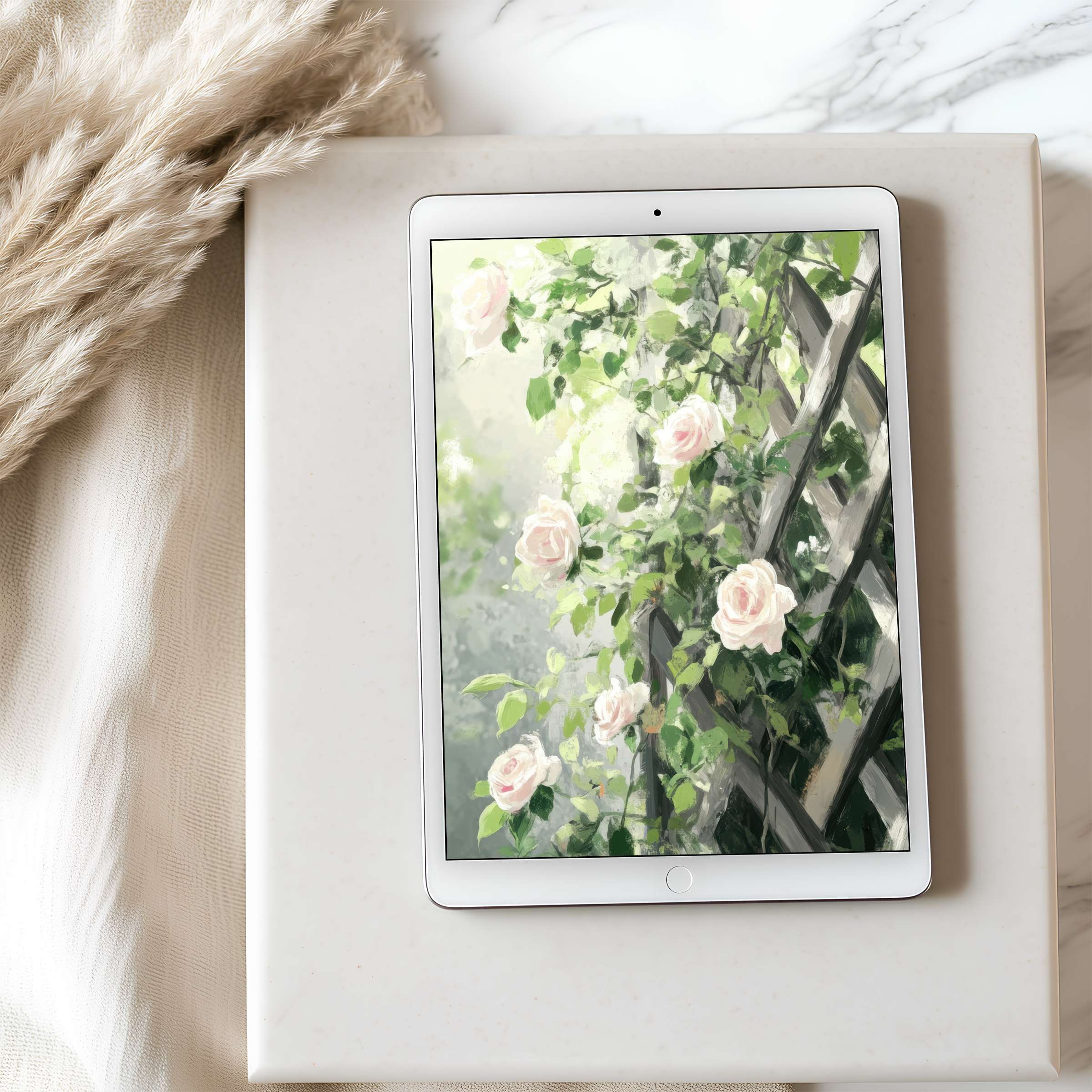 Elegant tablet wallpaper featuring pastel roses on a trellis captures tranquility, perfect for iPad download, enhancing any digital space