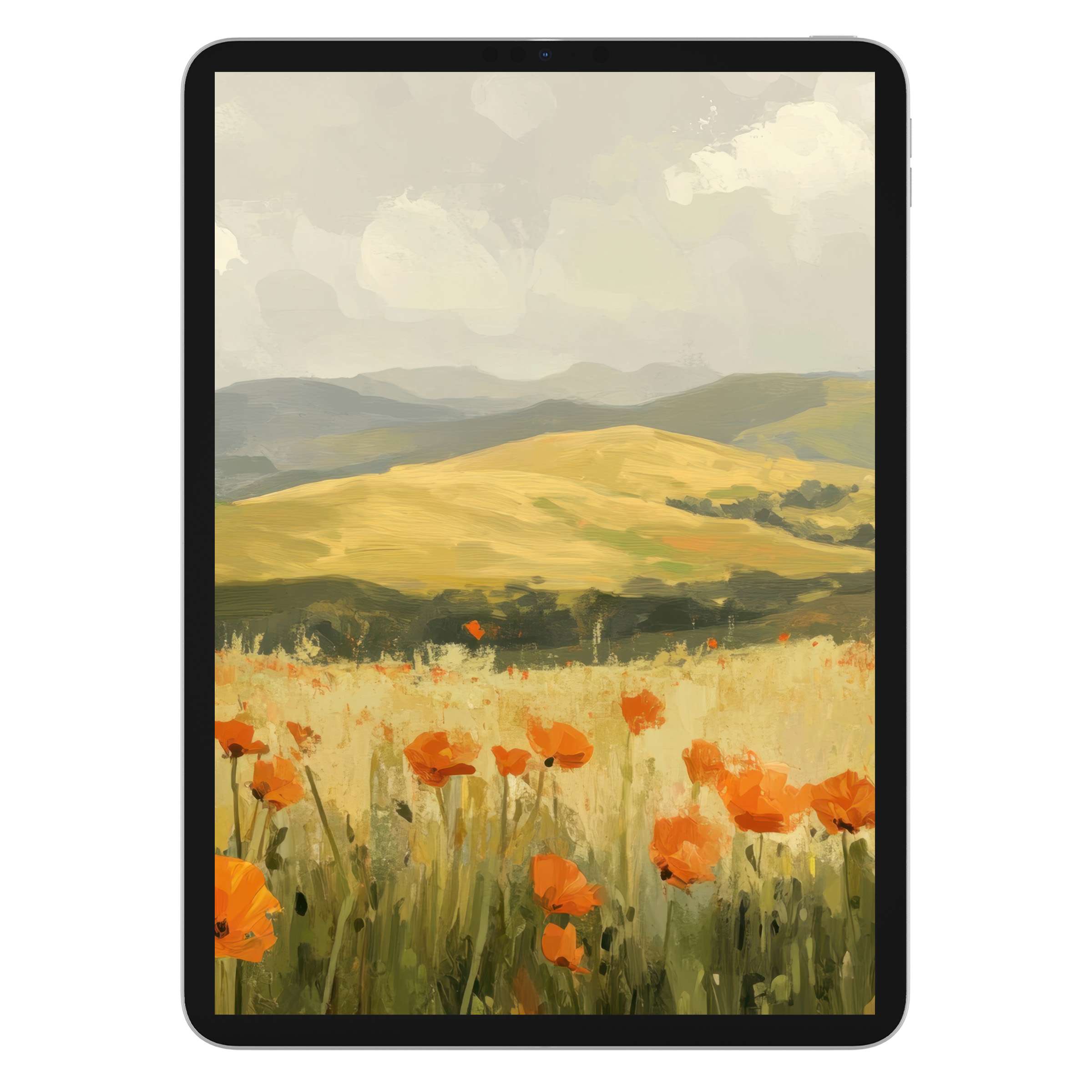Tranquil spring iPad wallpaper with vibrant poppies and rolling hills creates an elegant tablet background for a digital download