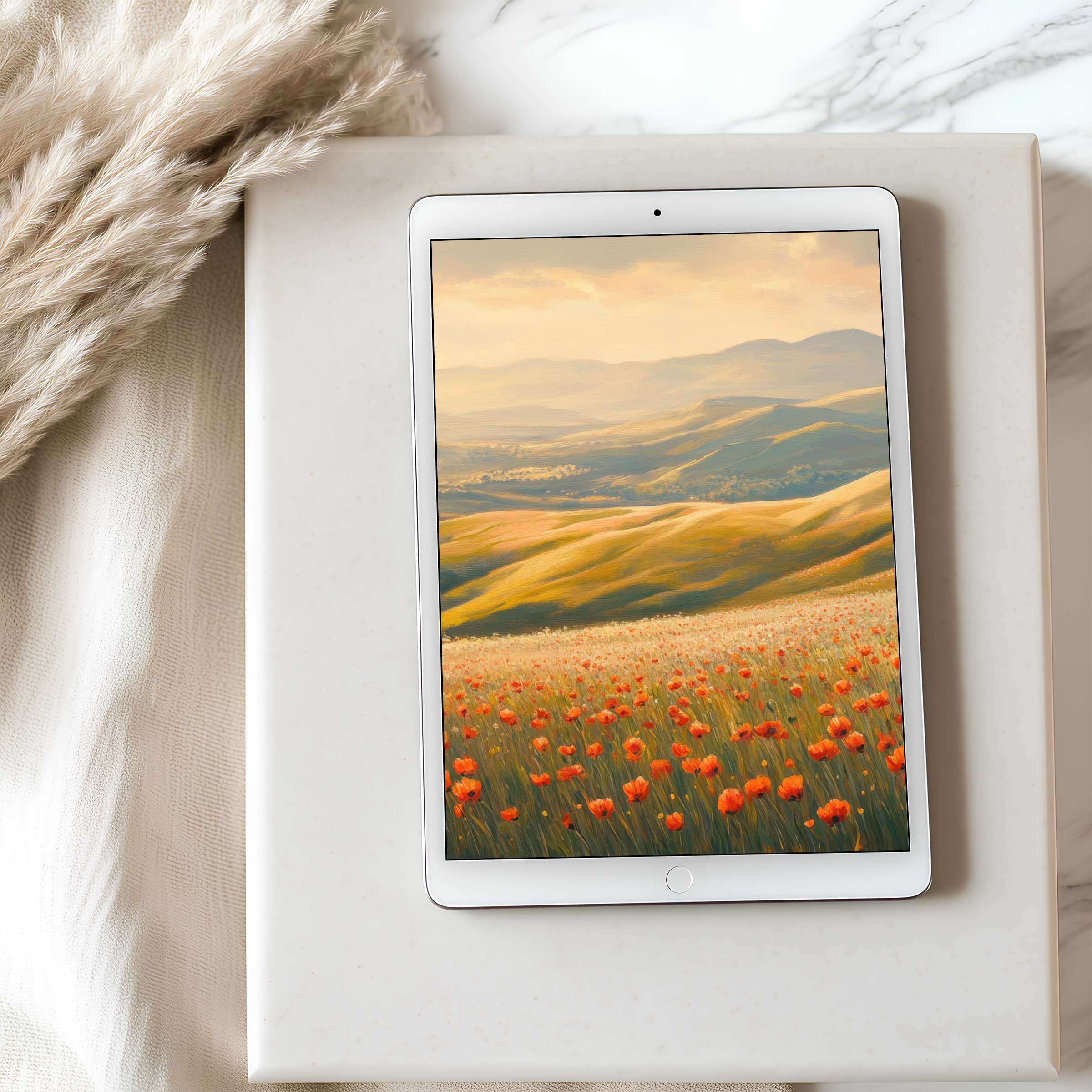 Elegant landscape artwork with vibrant poppies creates a calm tablet wallpaper suitable for iPad and Android digital download