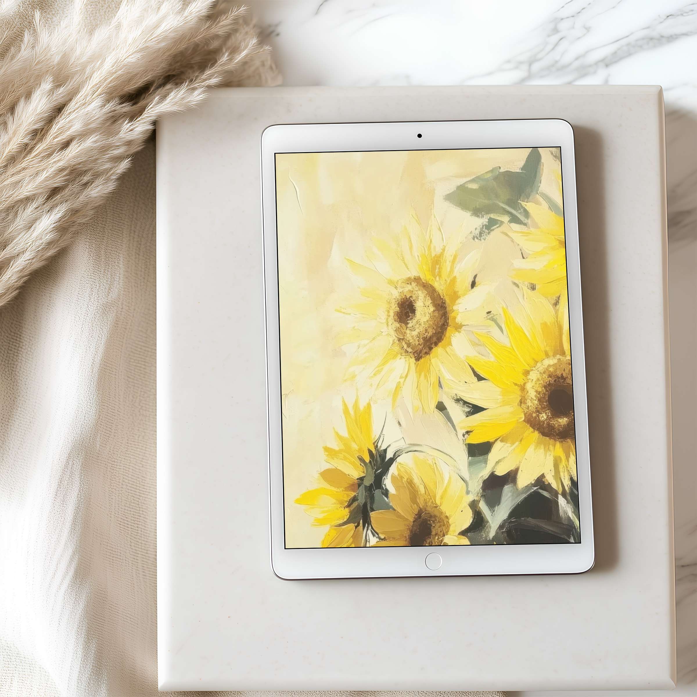 Elegant sunflower art tablet wallpaper in high resolution, perfect for calming digital downloads on iPad or Android tablets