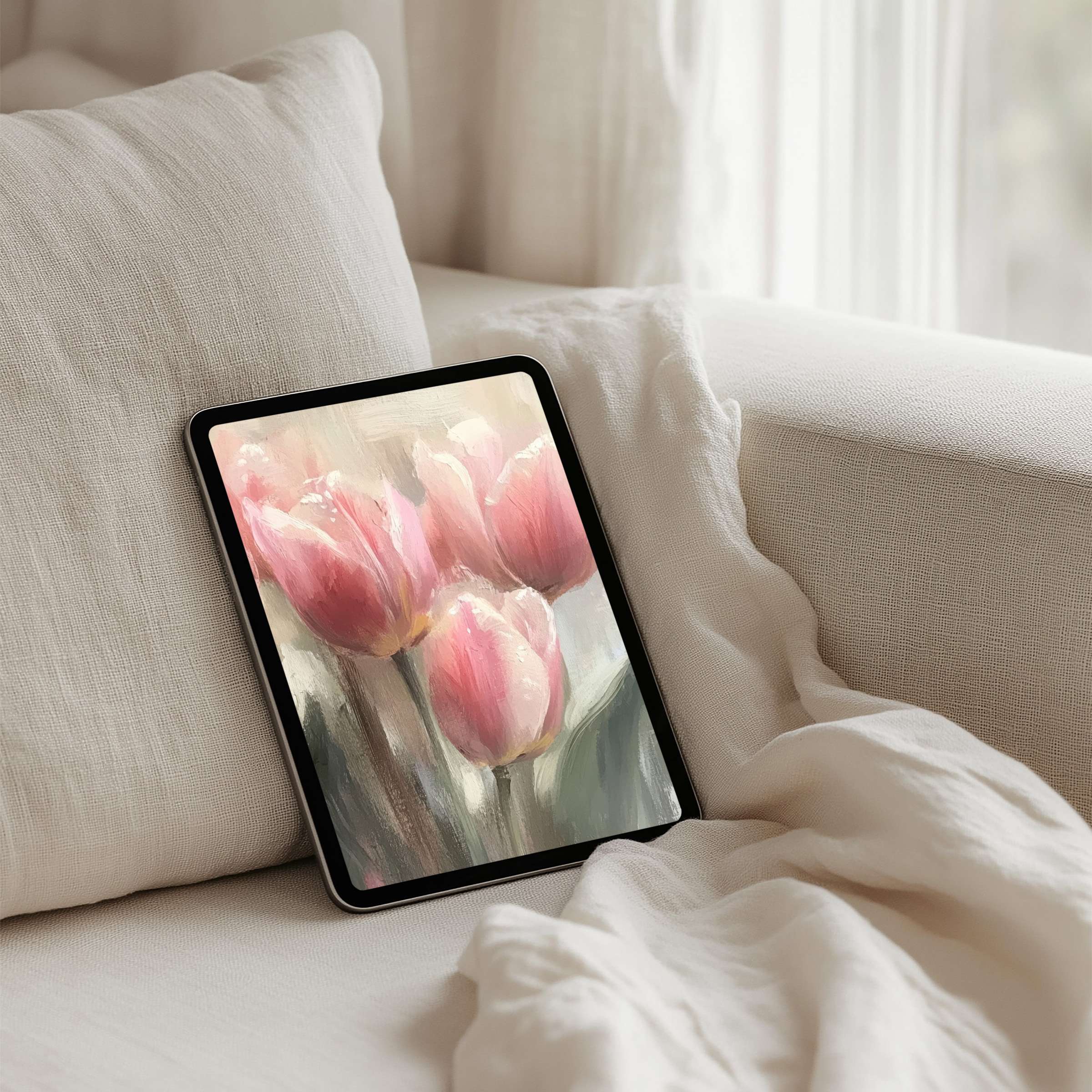 Elegant pink tulip iPad background evokes calm and inspiration for instant download to any tablet in serene interior setting