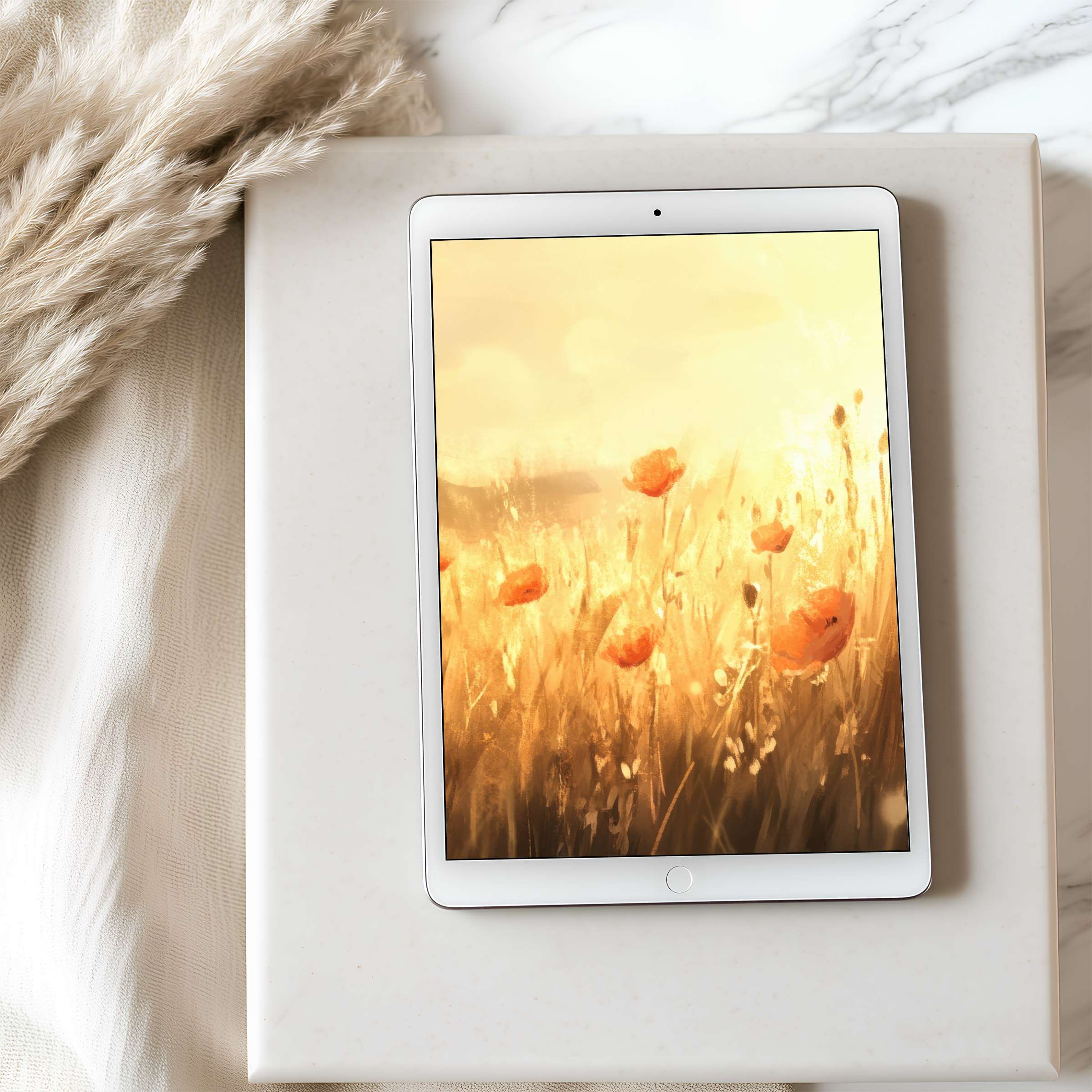 Elegant tablet wallpaper featuring serene golden fields and bright poppies offers high resolution, inspiring digital art for iPad download