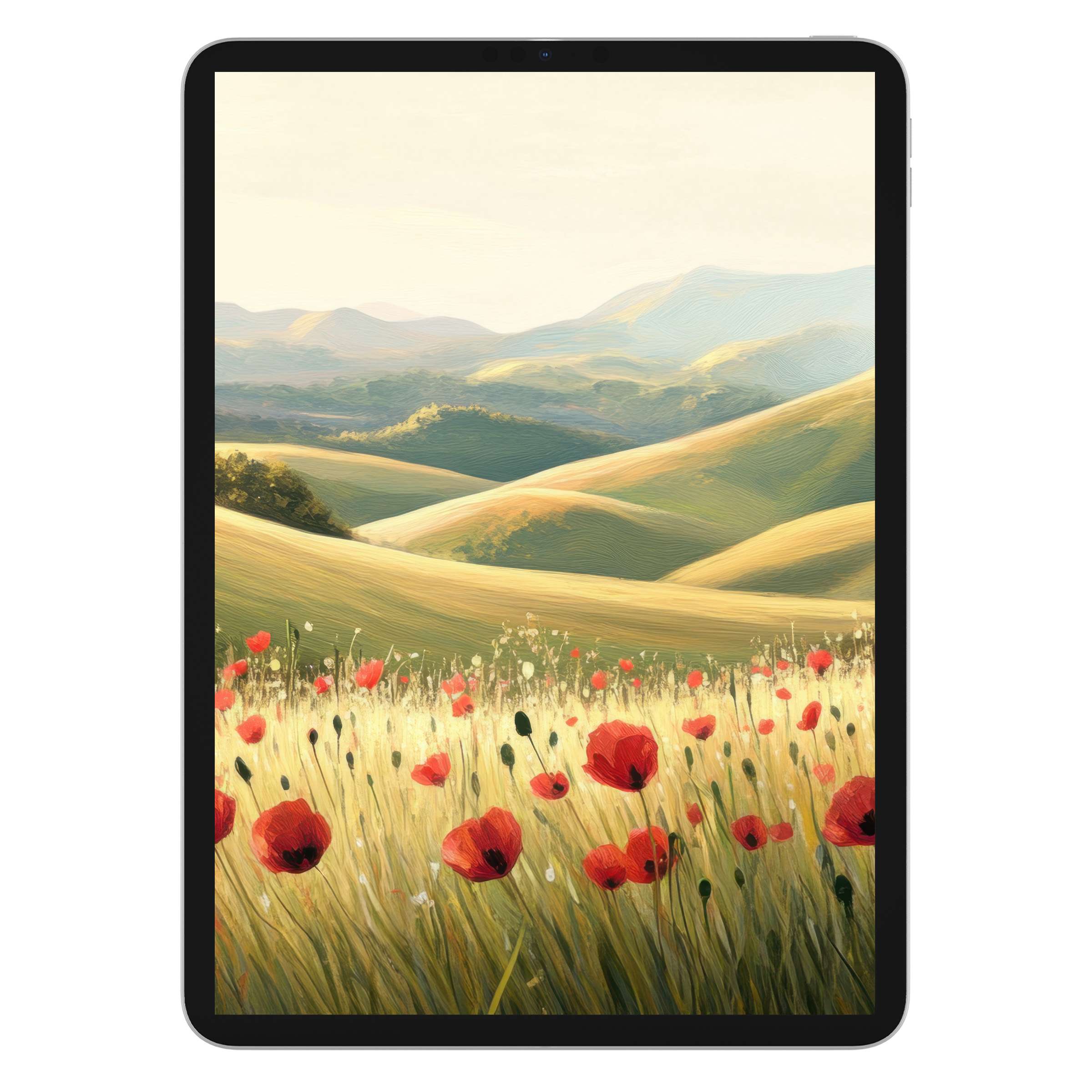 Spring iPad wallpaper featuring a serene landscape of rolling hills and poppy fields, perfect as a digital download tablet background
