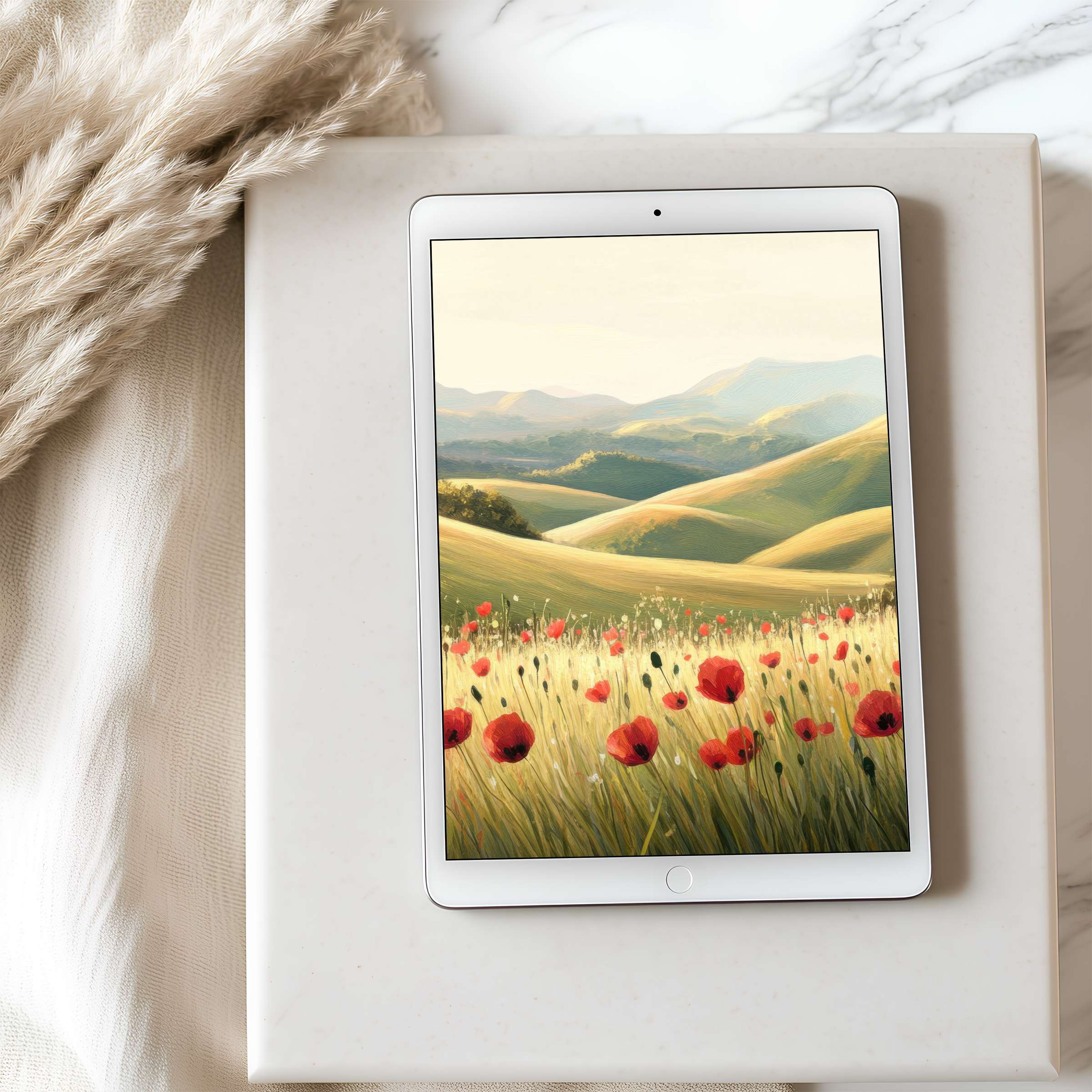 Elegant tablet wallpaper featuring serene landscapes and vibrant poppy fields in high resolution perfect for iPad digital download
