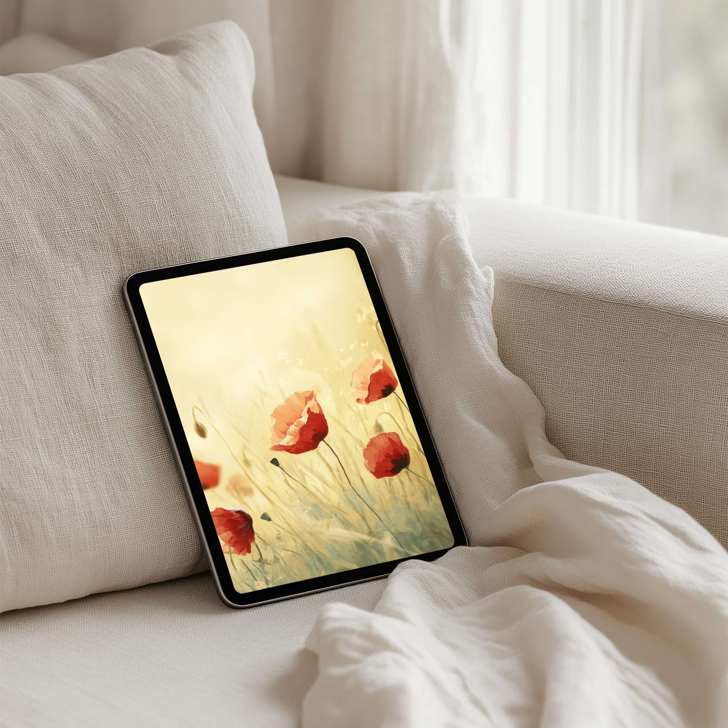 Elegant digital art of red poppies on a soft yellow iPad background for instant download on tablets inspiring calm and mindfulness