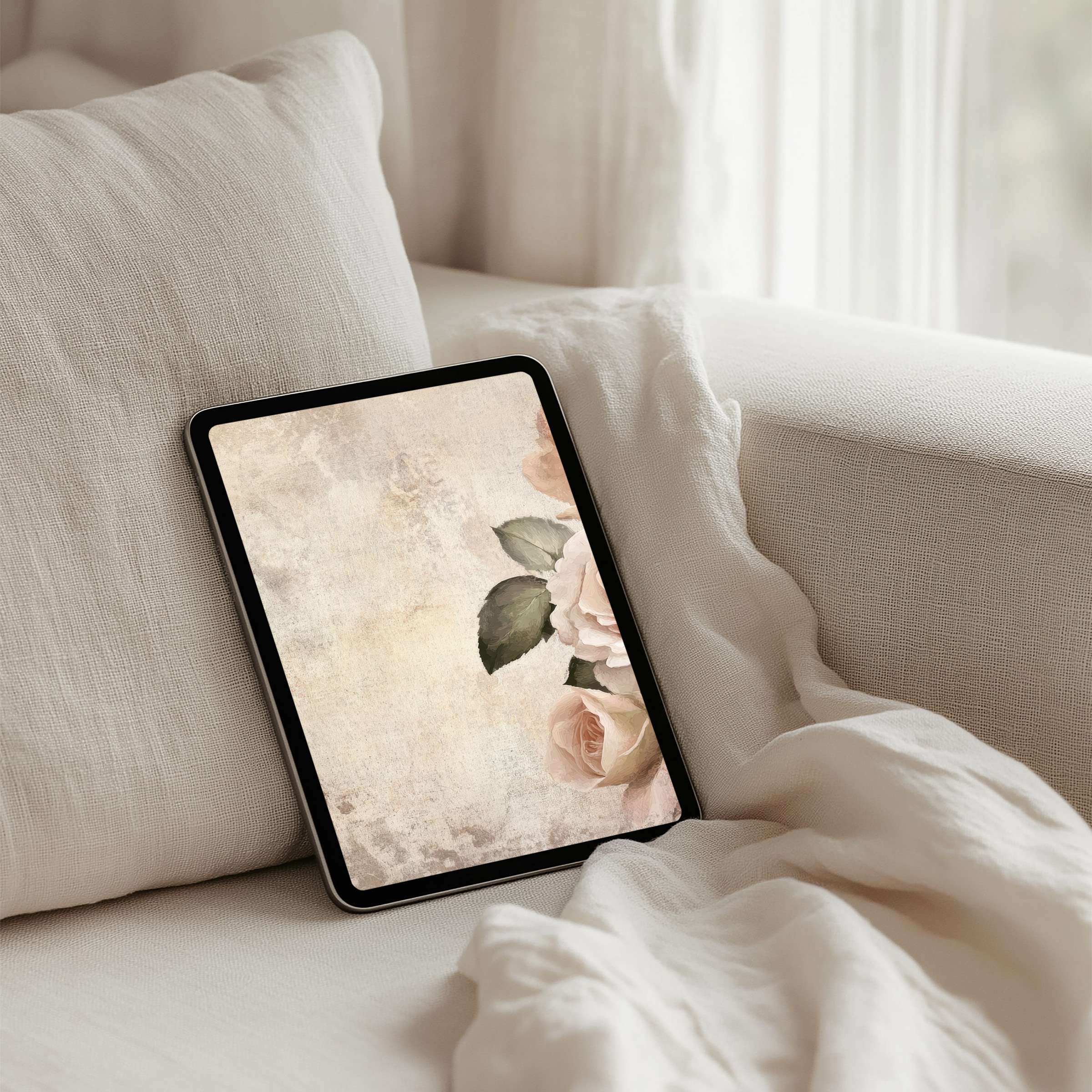 Elegant floral iPad background on a cozy couch offers instant download for any tablet, inspiring calm and mindful aesthetics