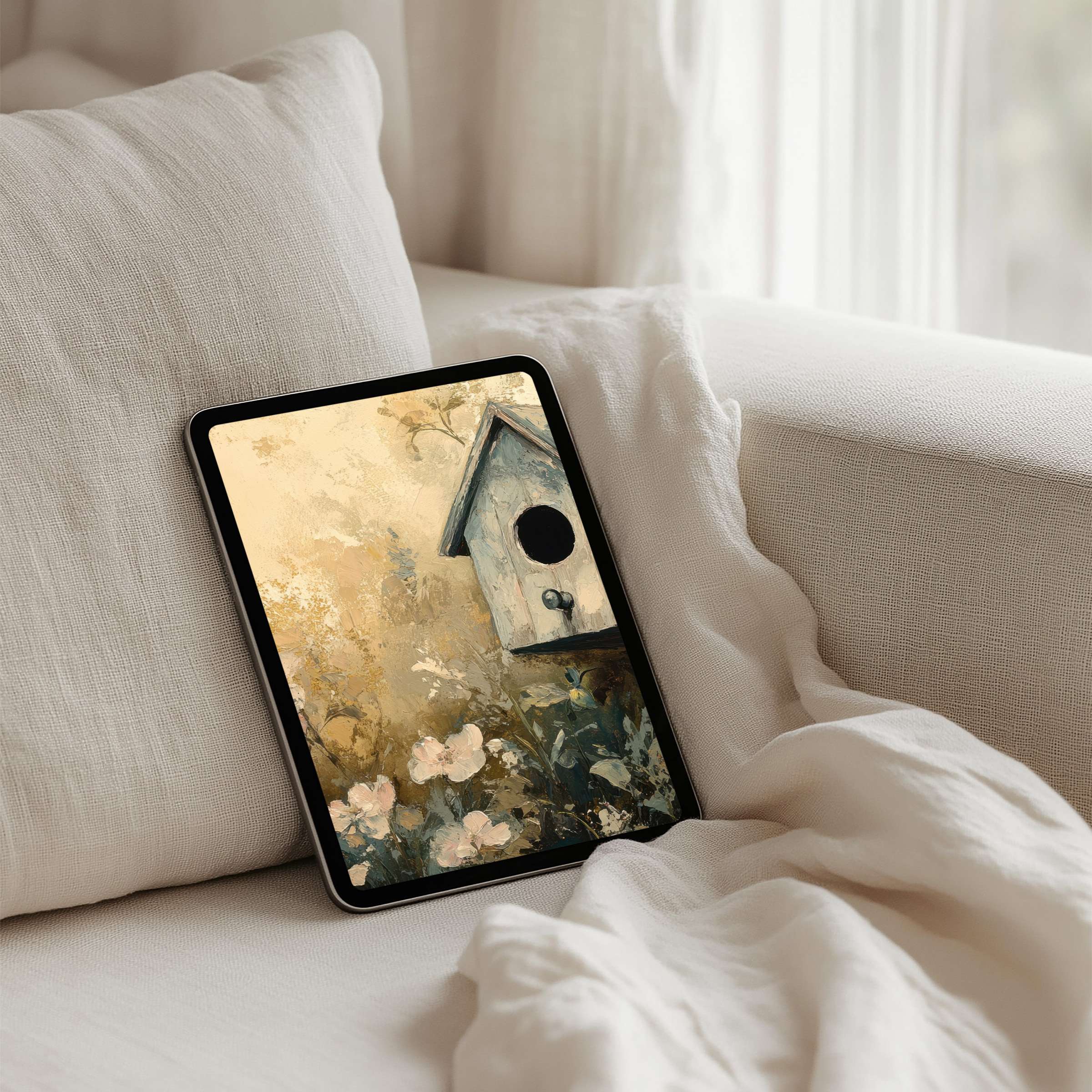 Elegant iPad background featuring serene pastel artwork of flowers and birdhouse available for instant download on tablet devices