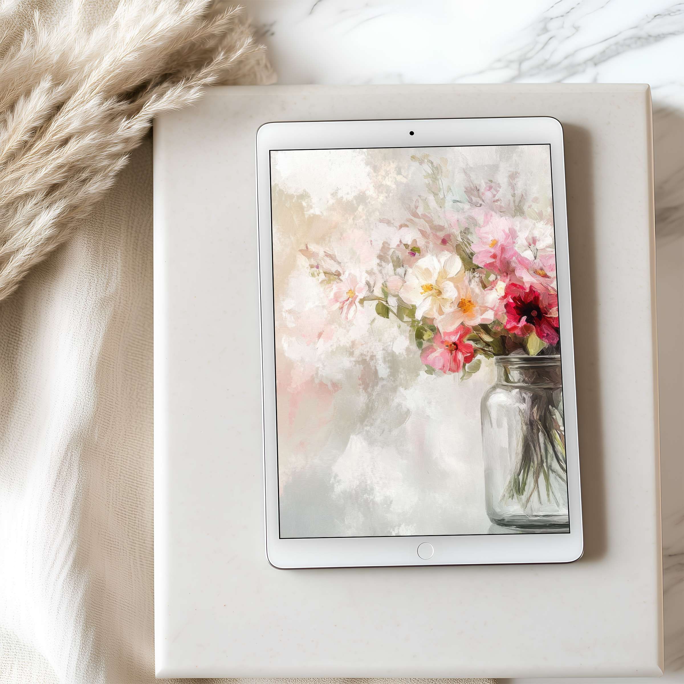 Romantic floral art in soft pastels transforms this tablet wallpaper into a high resolution serene escape for digital download