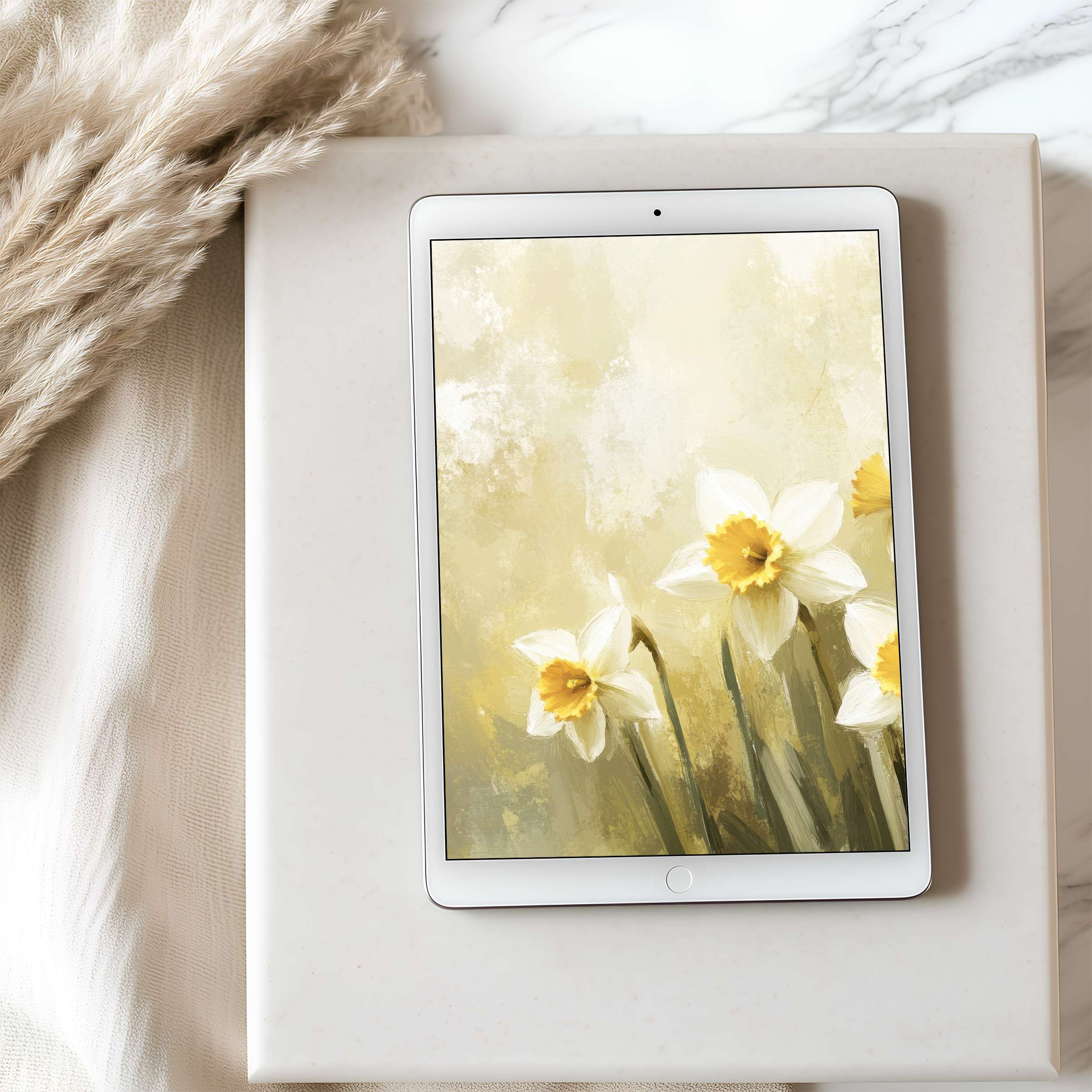 Elegant daffodil art graces this high-resolution tablet wallpaper, perfect for iPad or Android, offering tranquility and digital serenity