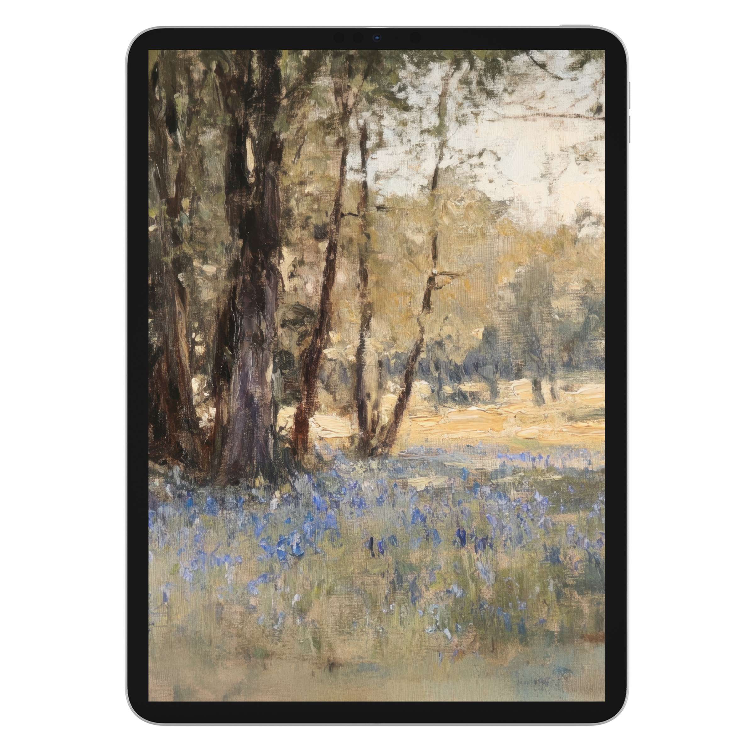 Serene spring iPad wallpaper featuring impressionist trees and wildflowers, ideal digital download for tablet backgrounds and nature lovers
