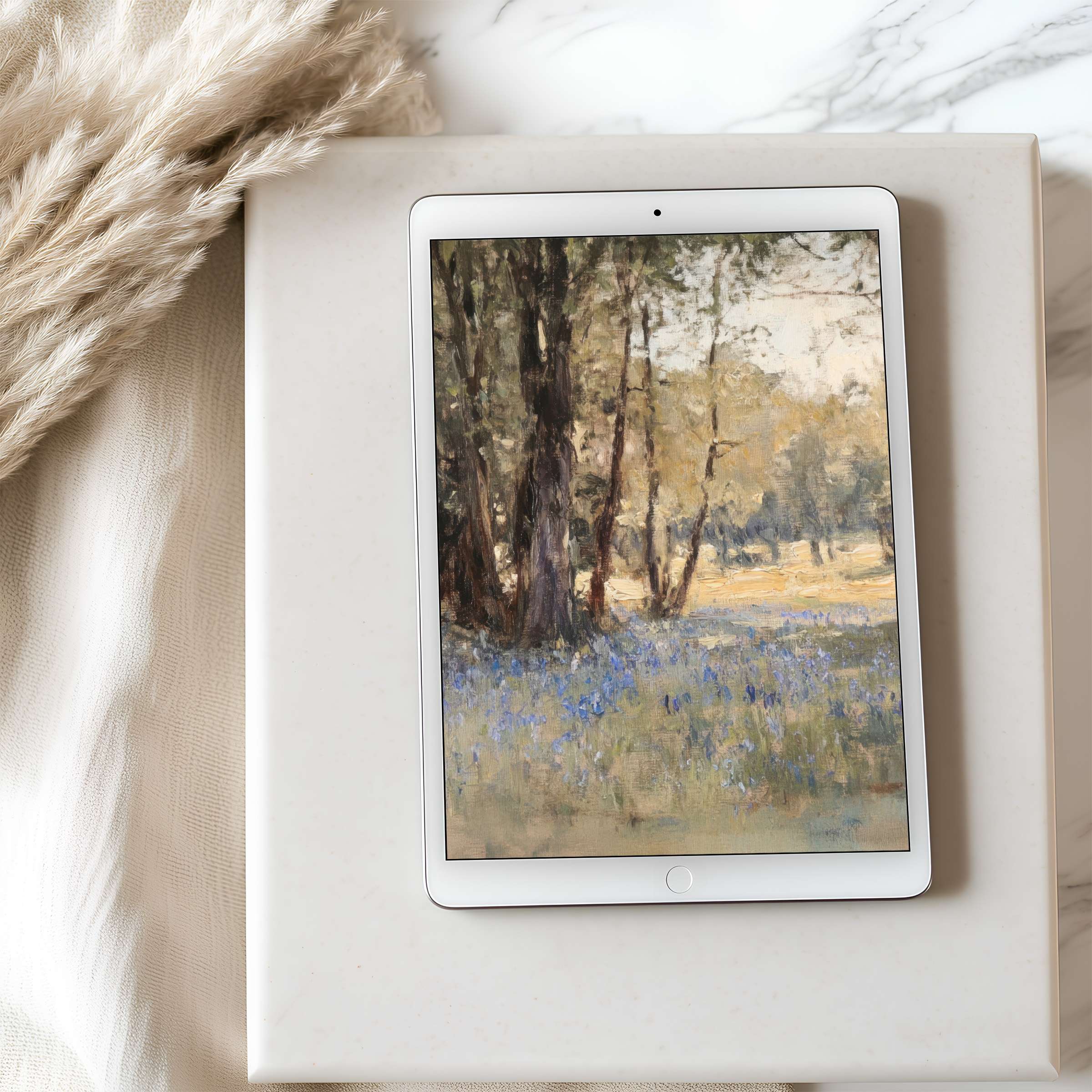 High resolution tablet wallpaper featuring serene forest landscape with bluebells, perfect for iPad or Android digital download for calm ambiance