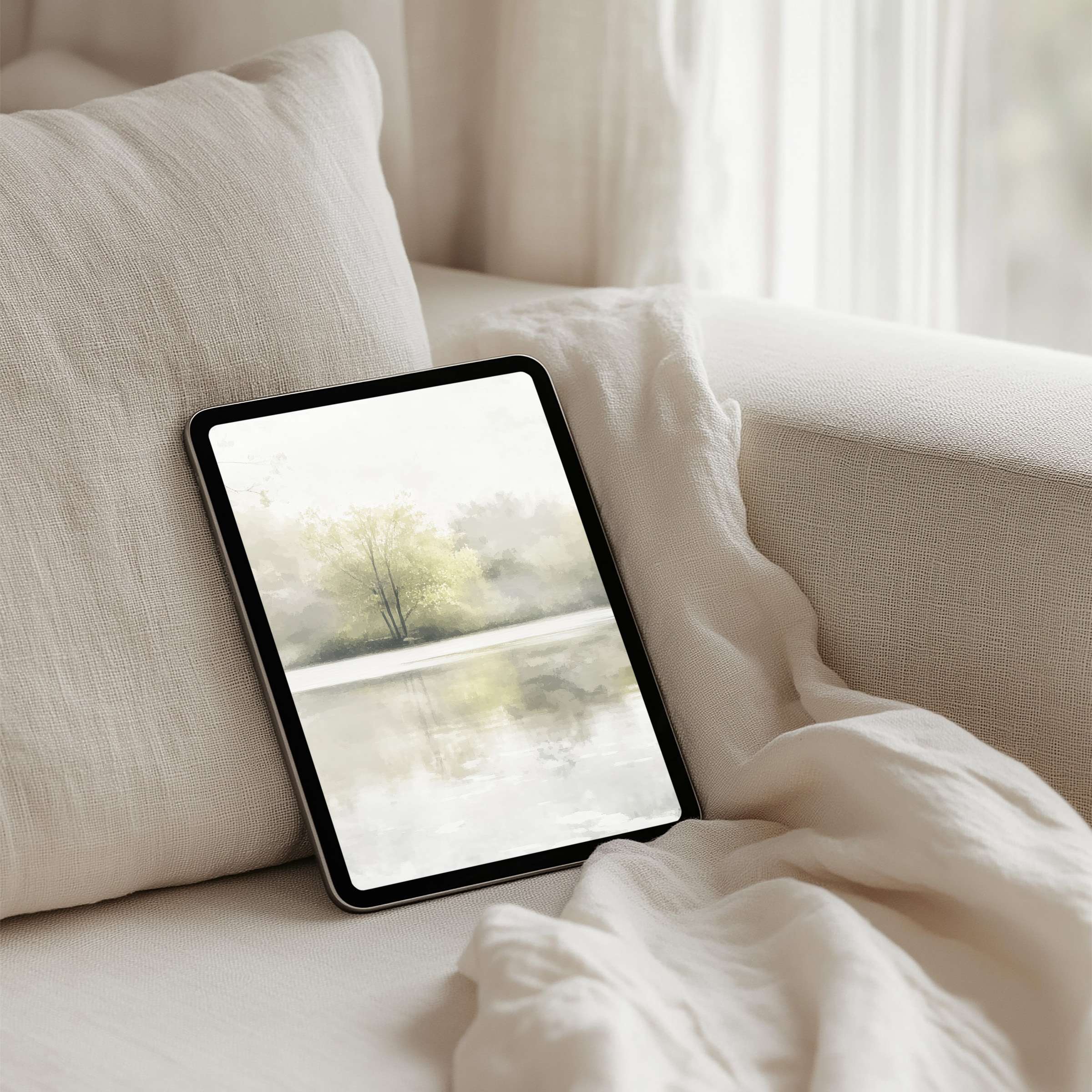 Calm watercolor landscape as iPad background for instant download fits any tablet inspiring serene elegance for mindful spaces