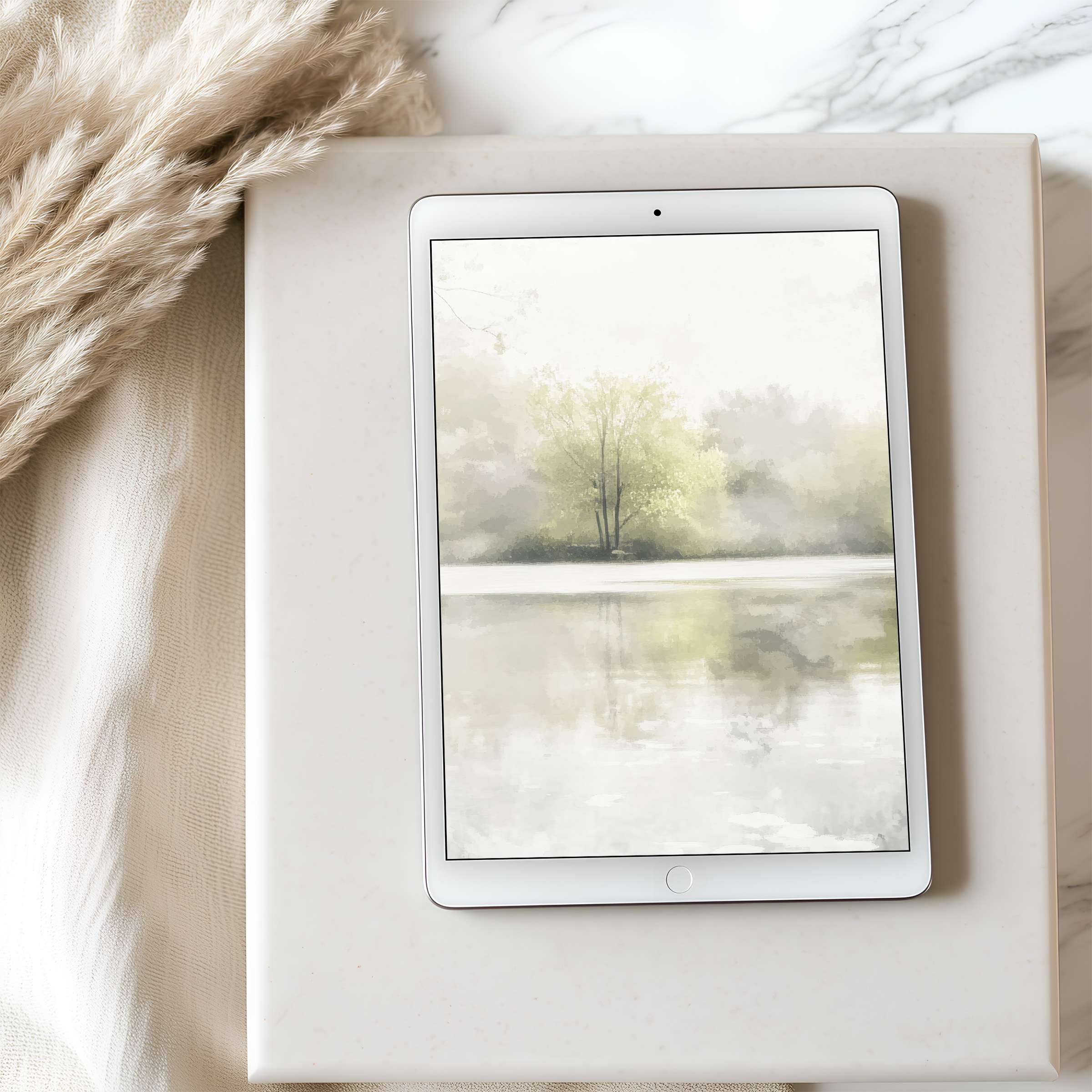 Serene landscape tablet wallpaper featuring tranquil water reflections and soft greenery perfect for iPad or Android high resolution digital download